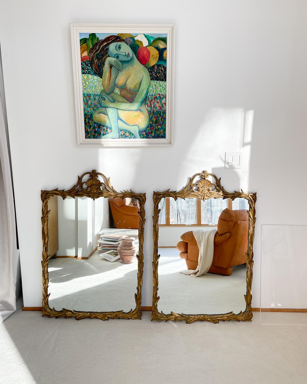 If you’ve been following us for a while, you may have already noticed that I’m an avid hunter of good gilt mirrors. These mirrors are a little piece of history. They were made by Friedman Brothers, decorative arts, INC. New York in Louis XV style,