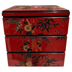 1960s Decorative Asian Red Storage Bento Stacking Box Set