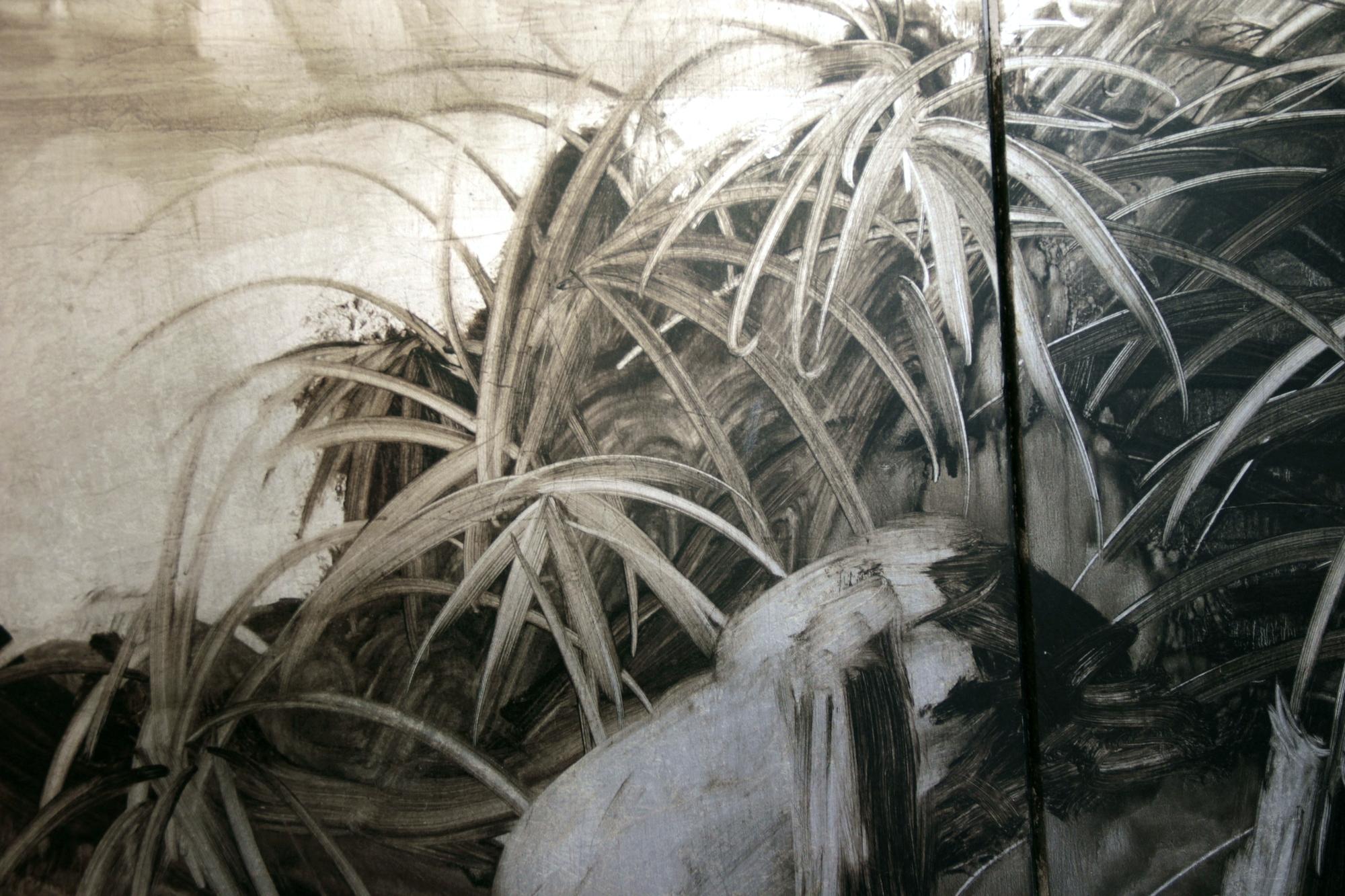 1960s Decorative Panel Covered with Silver Leaves and Painted with Ink Wash For Sale 1