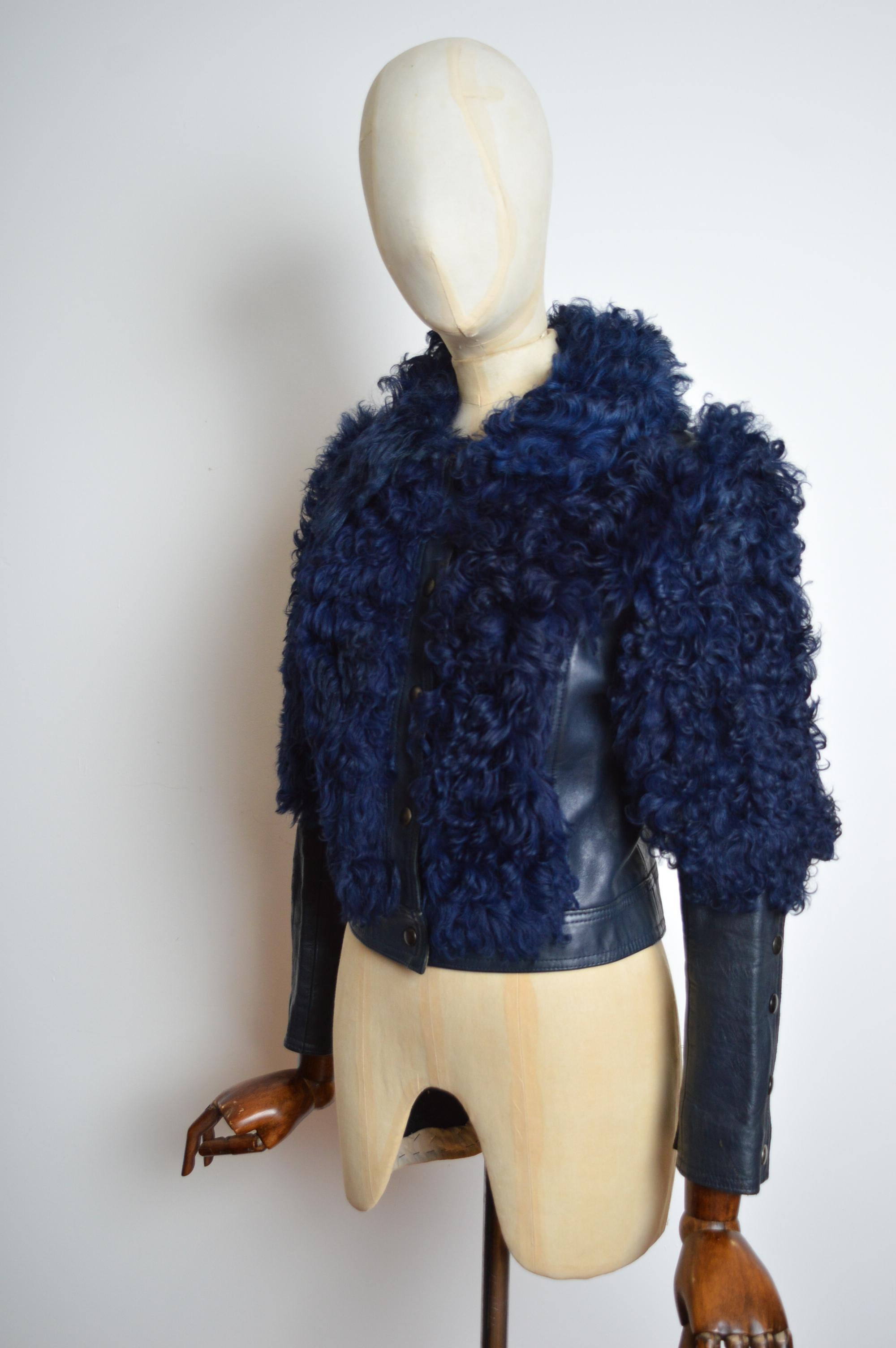 Black 1960’s Deep Blue Curly Sheepskin & Leather Shearling Bomber Jacket - Coat For Sale