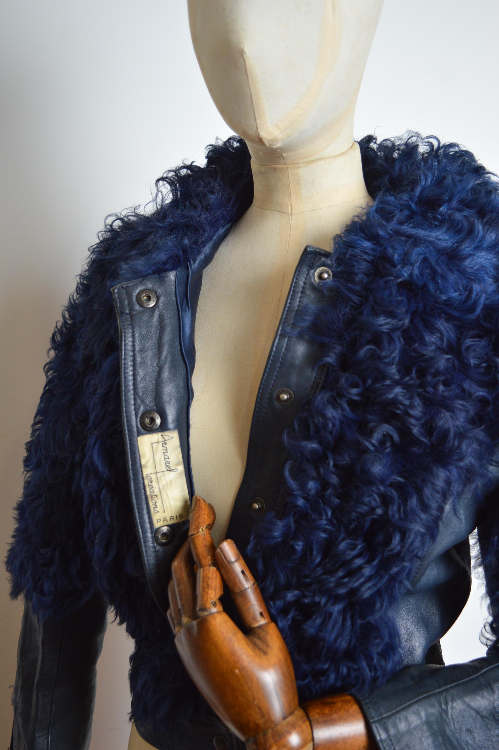 1960’s Deep Blue Curly Sheepskin & Leather Shearling Bomber Jacket - Coat In Good Condition For Sale In Sheffield, GB