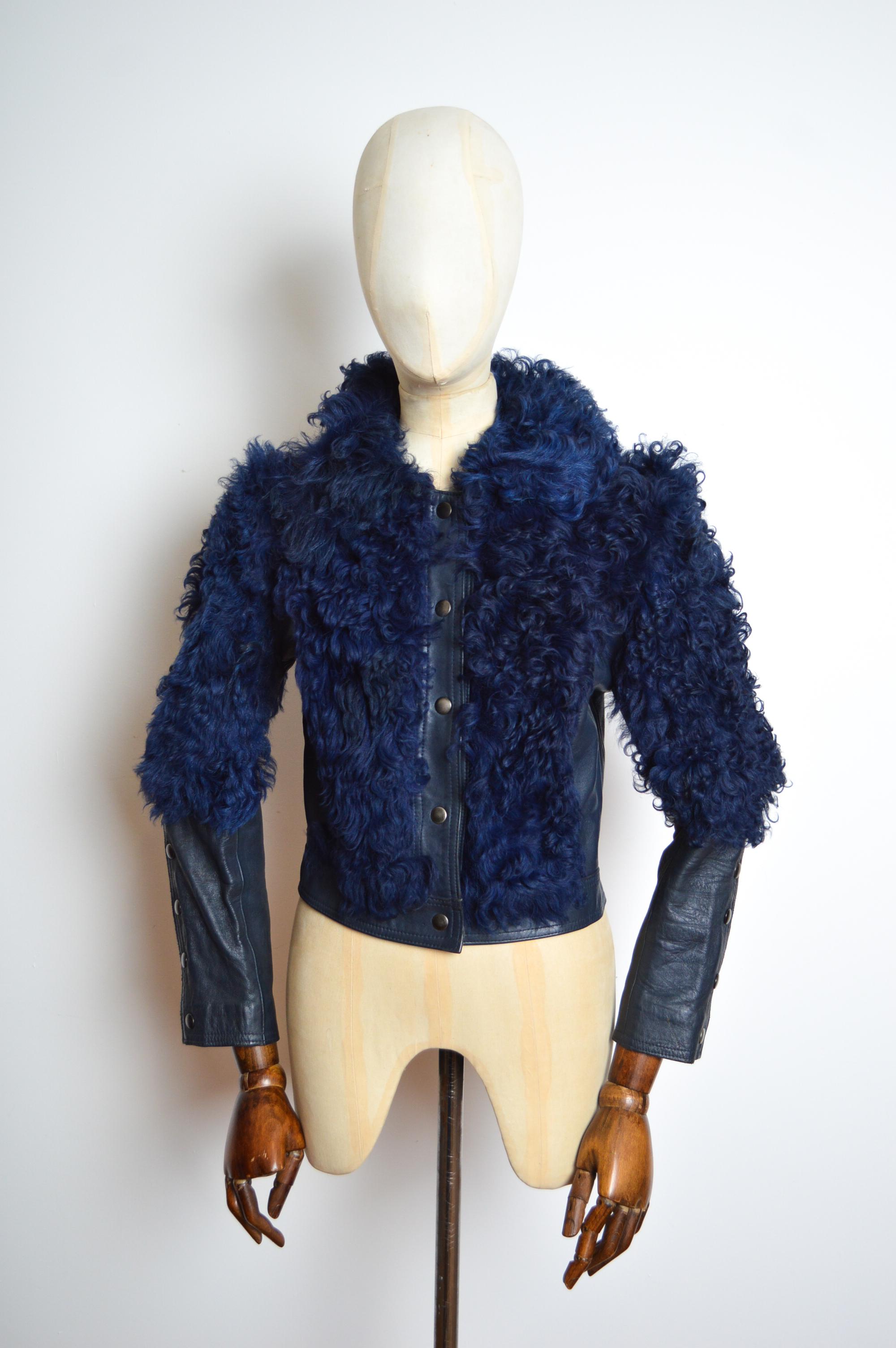 Women's 1960’s Deep Blue Curly Sheepskin & Leather Shearling Bomber Jacket - Coat For Sale
