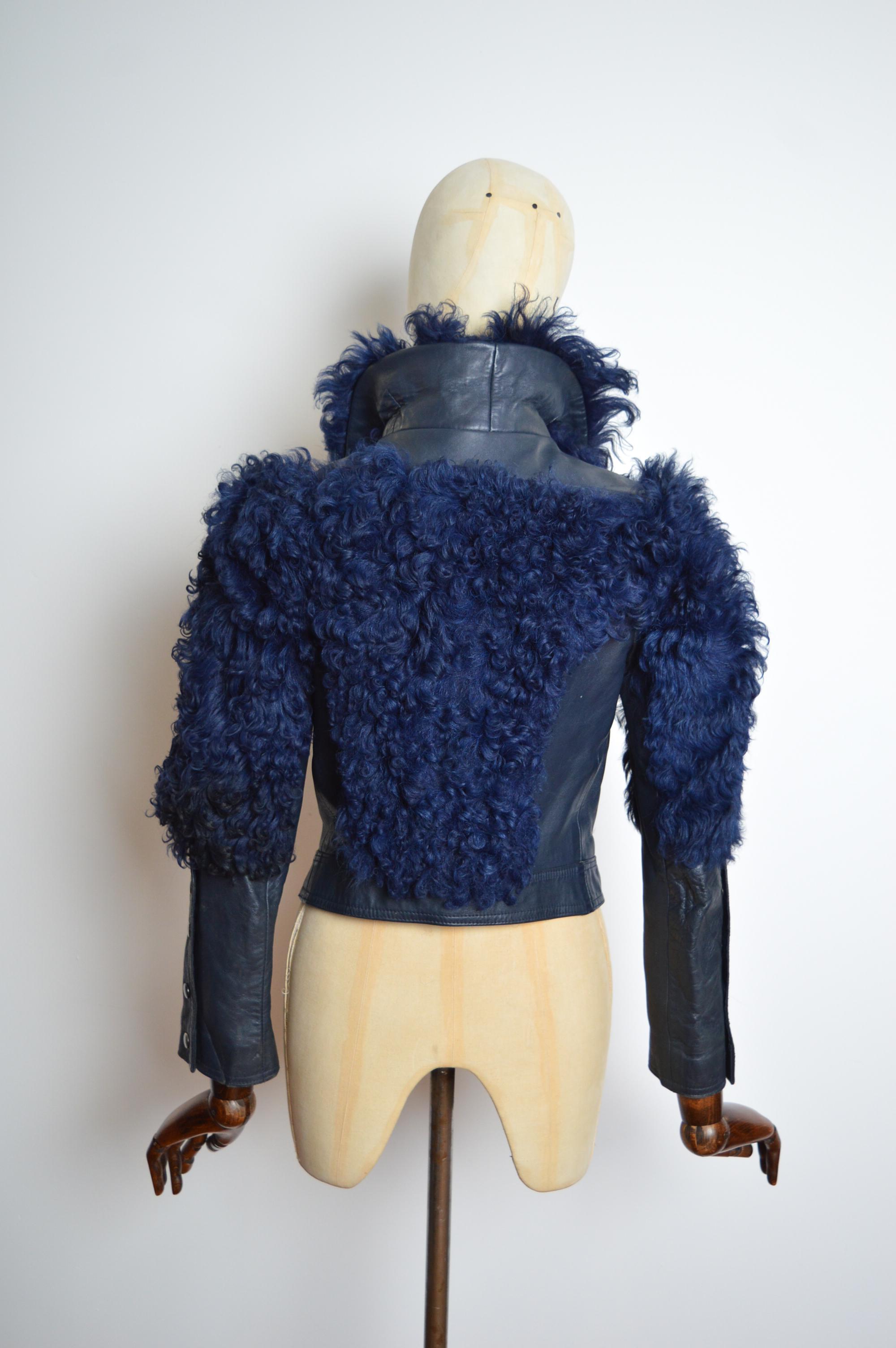 1960’s Deep Blue Curly Sheepskin & Leather Shearling Bomber Jacket - Coat For Sale 1