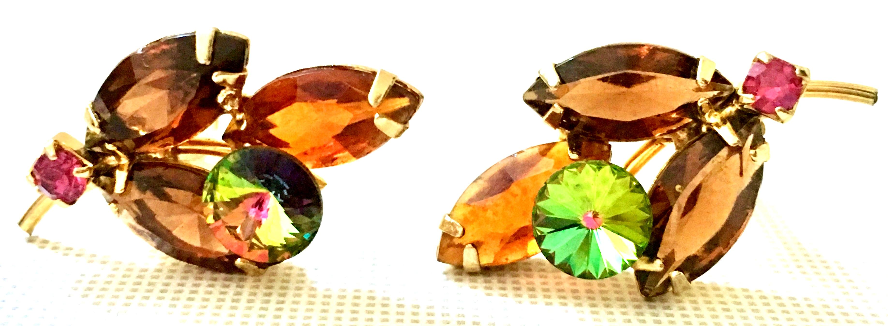 Women's 1960'S Pair Of Gold & Austrian Crystal Abstract Flower Earrings For Sale