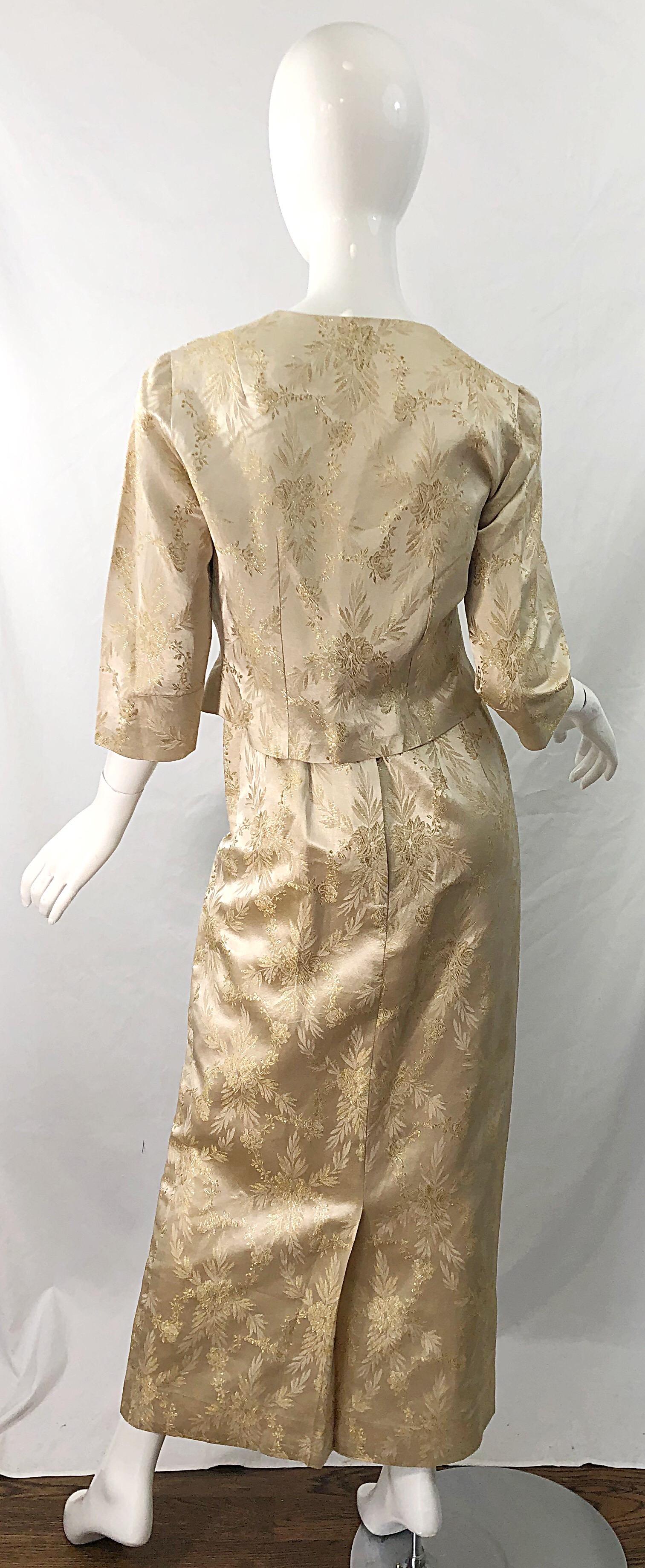 1960s Demi Couture Gold Silk Damask Two Piece Gold Vintage 60s Gown and Jacket For Sale 2
