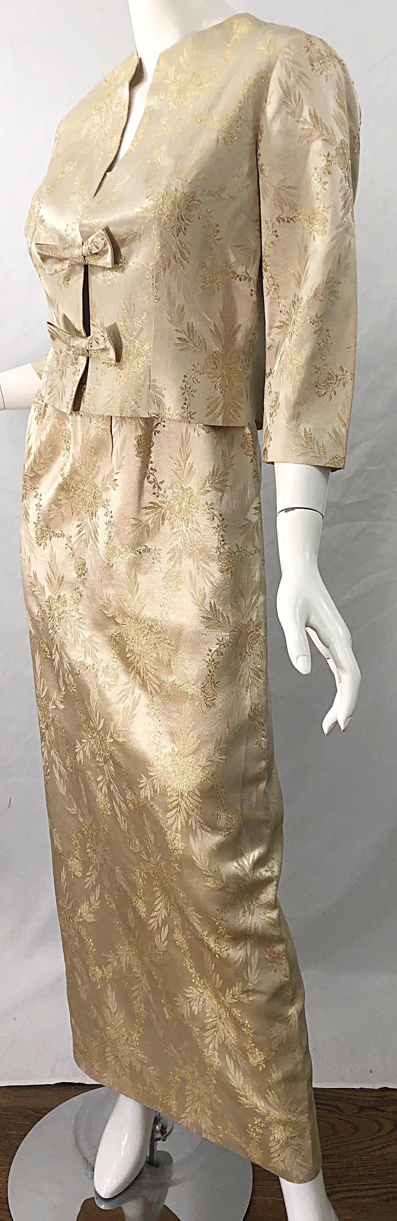 1960s Demi Couture Gold Silk Damask Two Piece Gold Vintage 60s Gown and Jacket For Sale 3