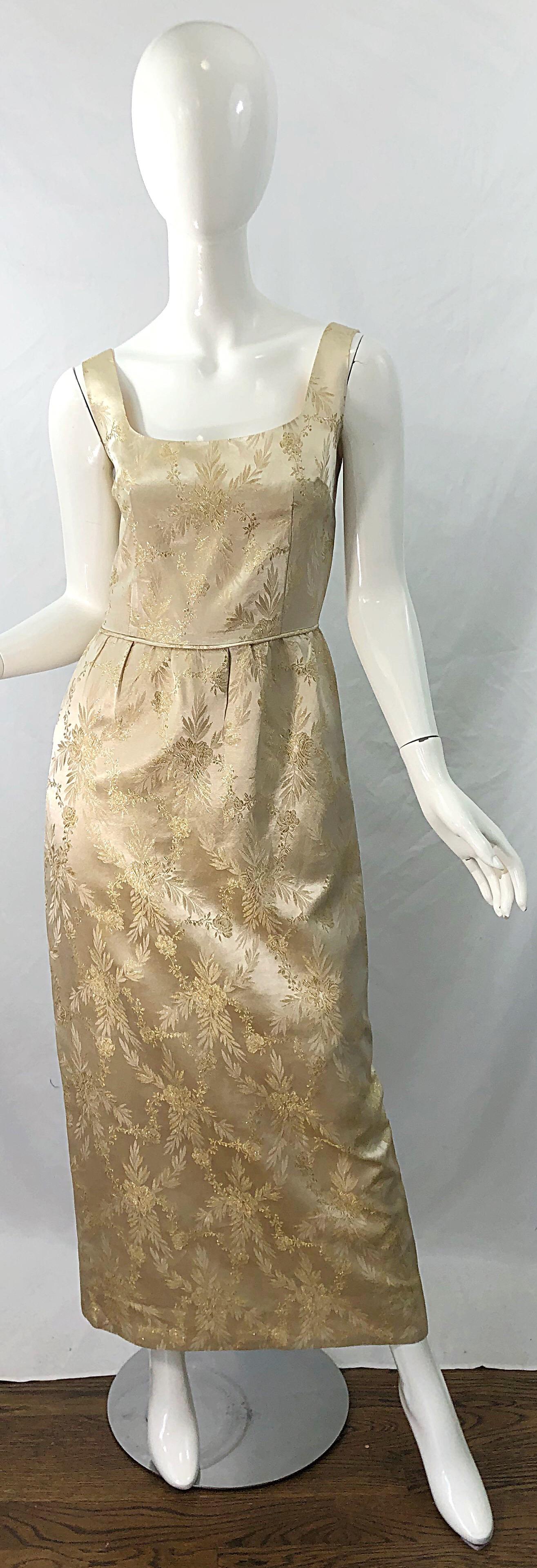 1960s Demi Couture Gold Silk Damask Two Piece Gold Vintage 60s Gown and Jacket For Sale 5