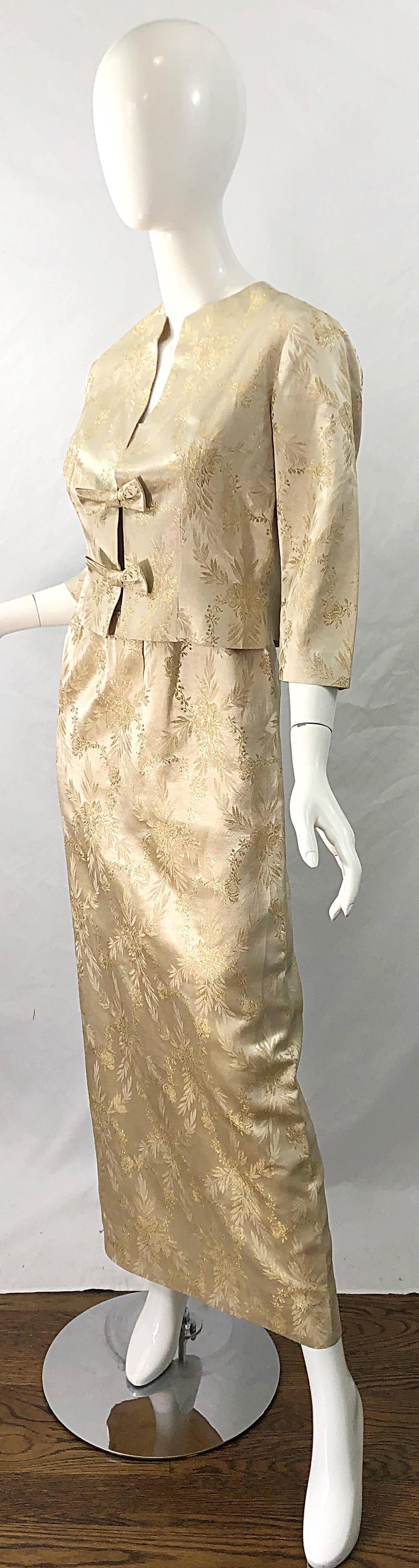 Brown 1960s Demi Couture Gold Silk Damask Two Piece Gold Vintage 60s Gown and Jacket For Sale