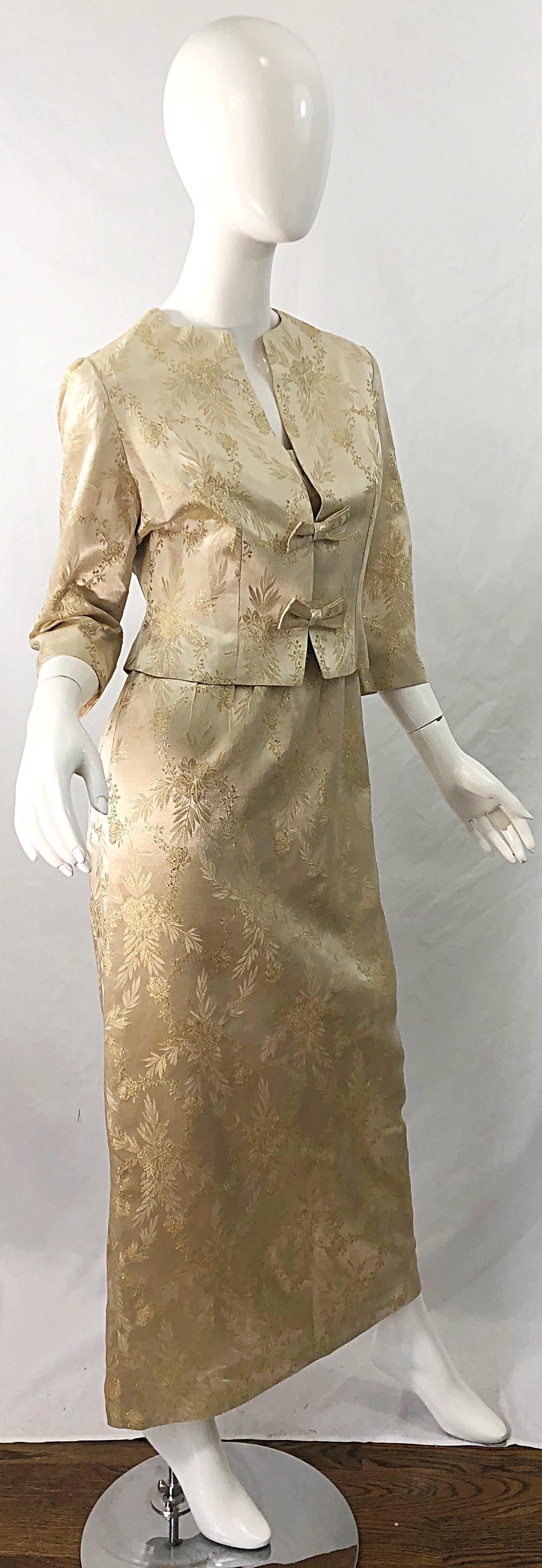 1960s Demi Couture Gold Silk Damask Two Piece Gold Vintage 60s Gown and Jacket In Excellent Condition For Sale In San Diego, CA