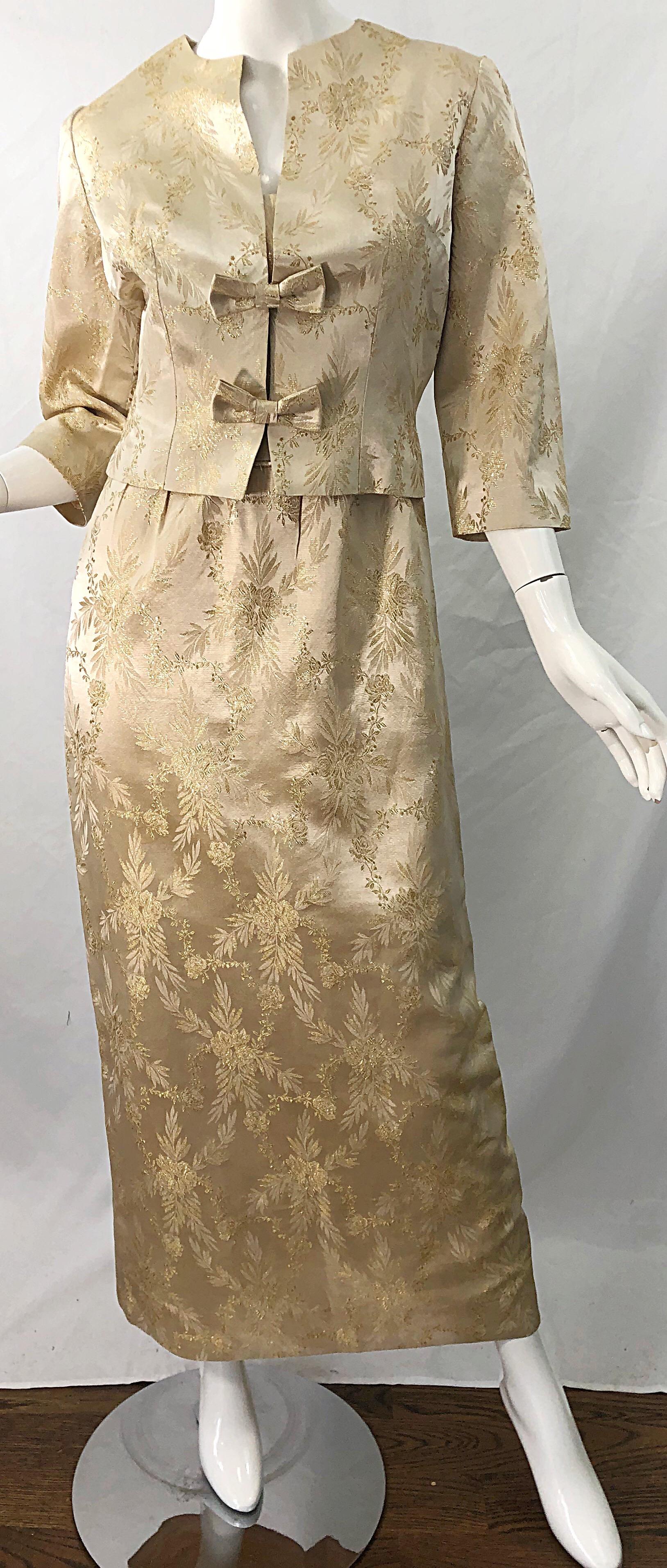 Women's 1960s Demi Couture Gold Silk Damask Two Piece Gold Vintage 60s Gown and Jacket For Sale