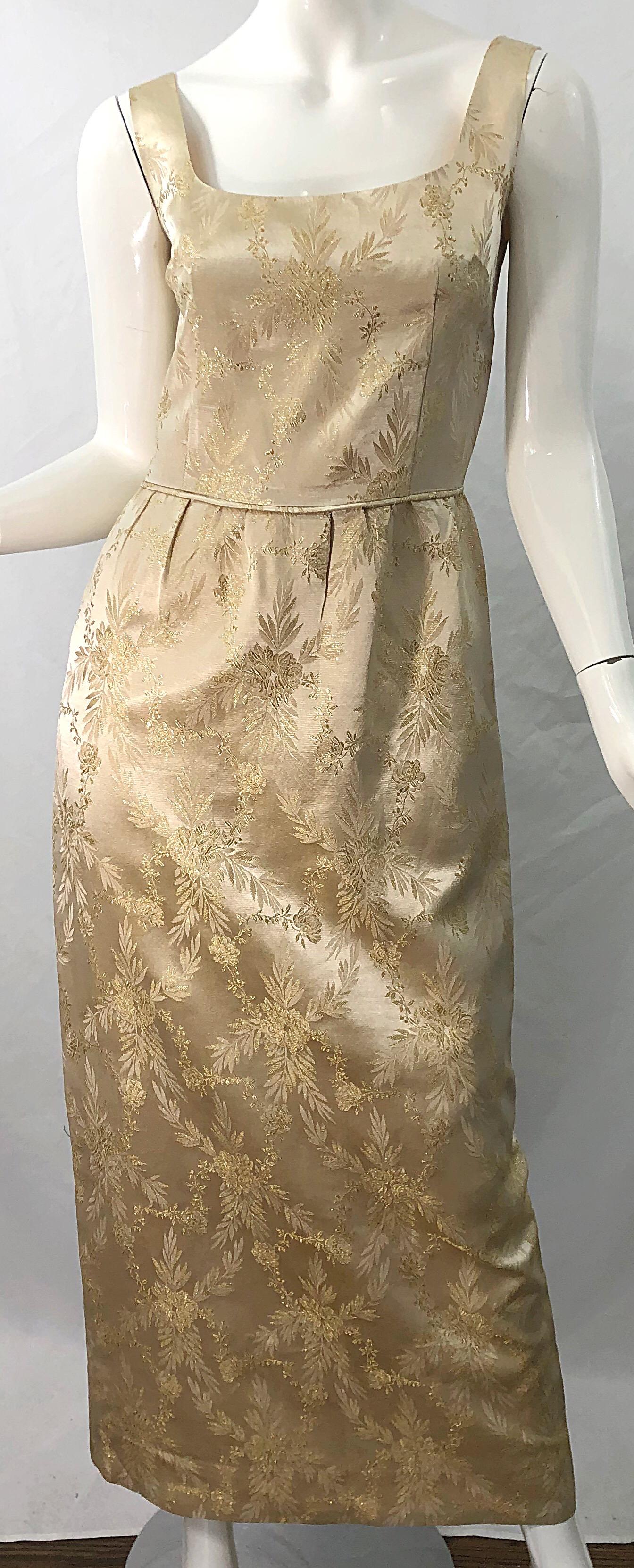 1960s Demi Couture Gold Silk Damask Two Piece Gold Vintage 60s Gown and Jacket For Sale 1