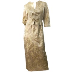 1960s Demi Couture Gold Silk Damask Two Piece Gold Vintage 60s Gown and Jacket