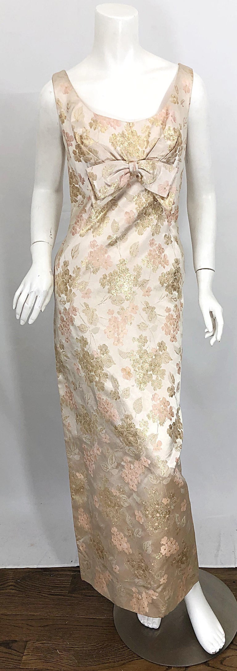 1960s Demi Couture Pink + Gold + Ivory Floral Silk Sleeveless Vintage 60s Gown  For Sale 5