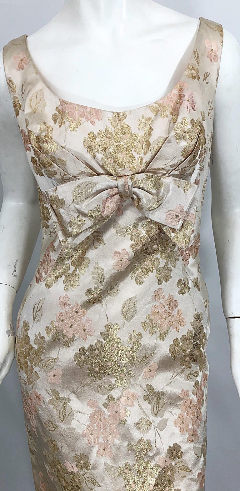 1960s Demi Couture Pink + Gold + Ivory Floral Silk Sleeveless Vintage 60s Gown  In Excellent Condition For Sale In San Diego, CA