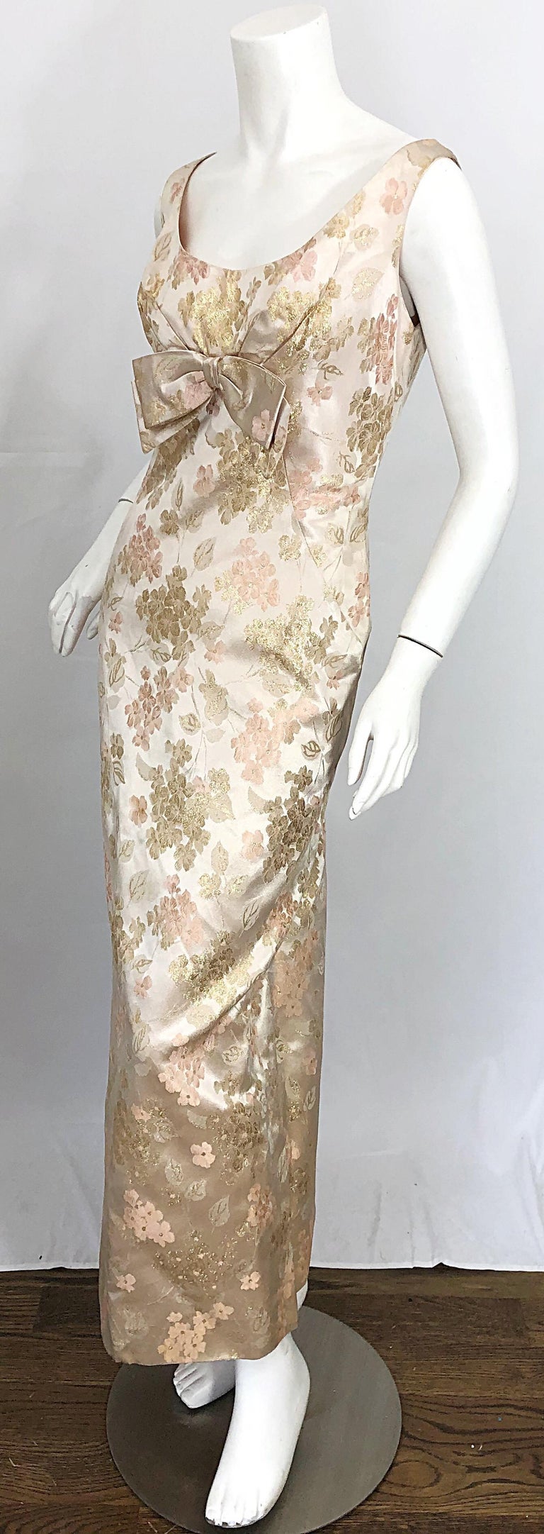 Women's 1960s Demi Couture Pink + Gold + Ivory Floral Silk Sleeveless Vintage 60s Gown  For Sale