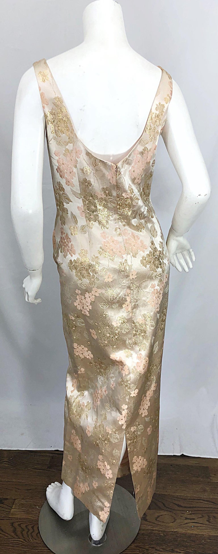 1960s Demi Couture Pink + Gold + Ivory Floral Silk Sleeveless Vintage 60s Gown  For Sale 2