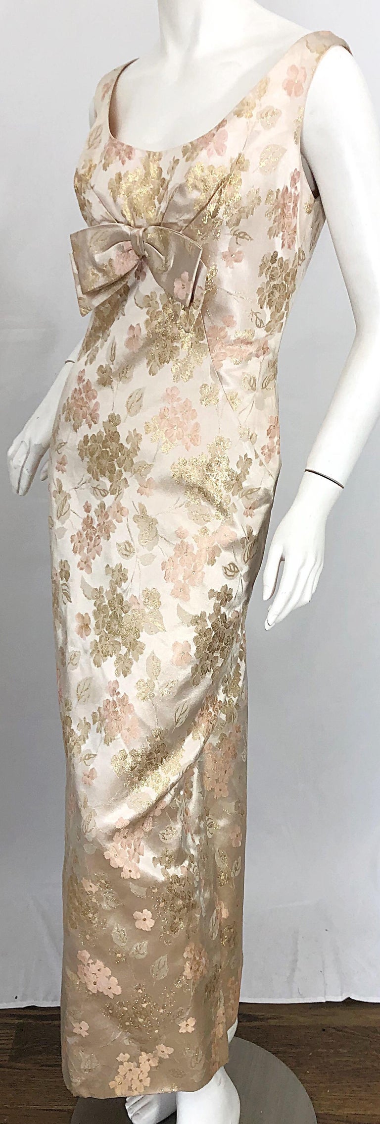 1960s Demi Couture Pink + Gold + Ivory Floral Silk Sleeveless Vintage 60s Gown  For Sale 3
