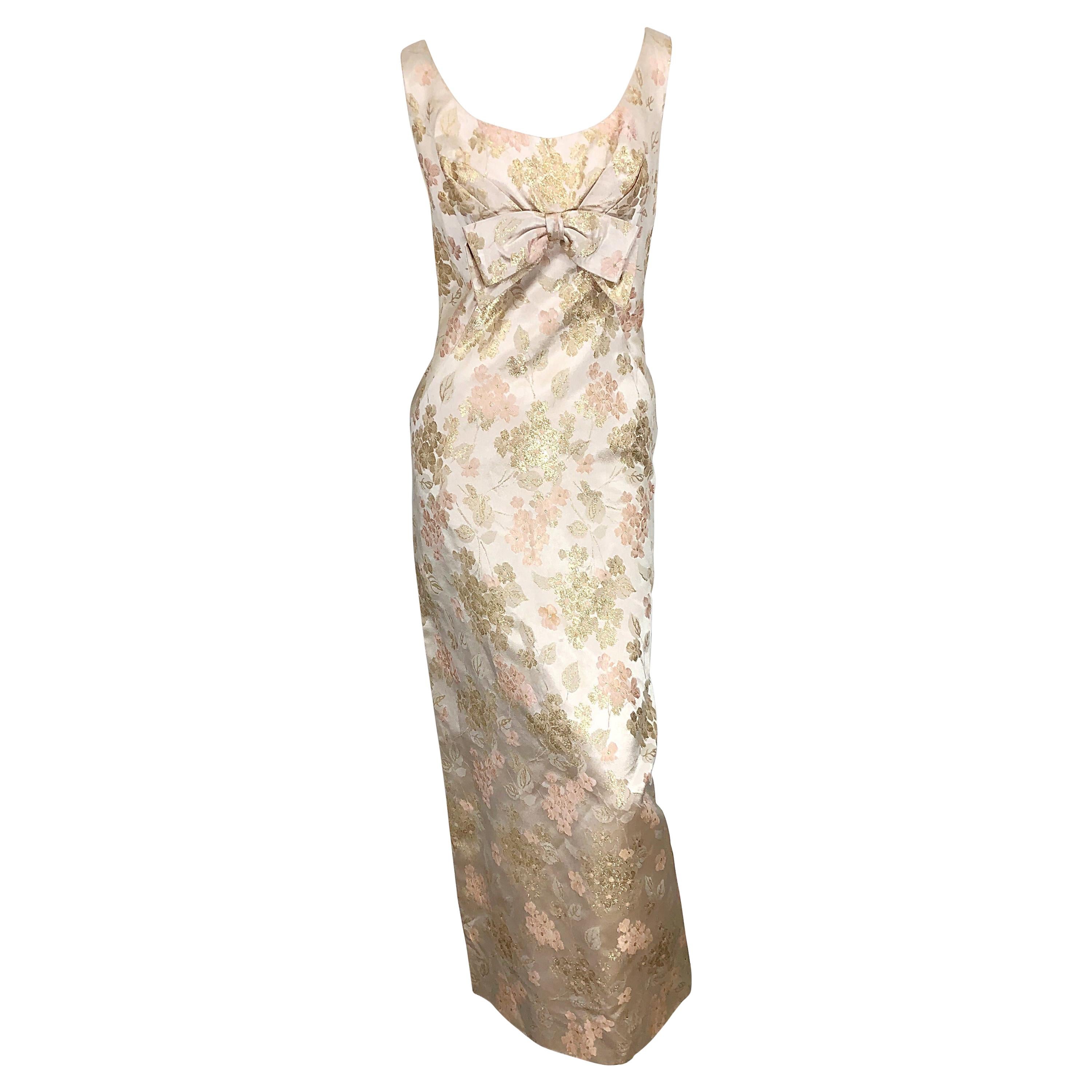 1960s Demi Couture Pink + Gold + Ivory Floral Silk Sleeveless Vintage ...