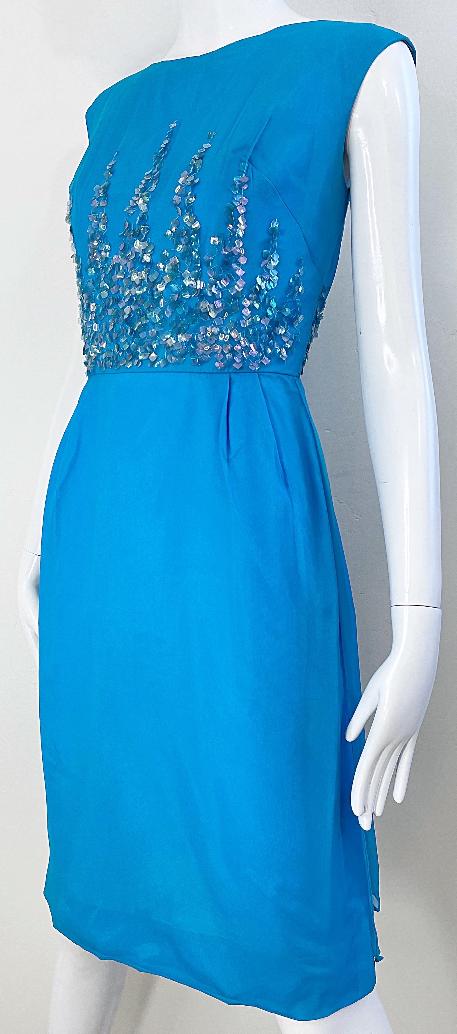 1960s Demi Couture Turquoise Blue Silk Chiffon Paillette Sequin Vintage Dress For Sale 5
