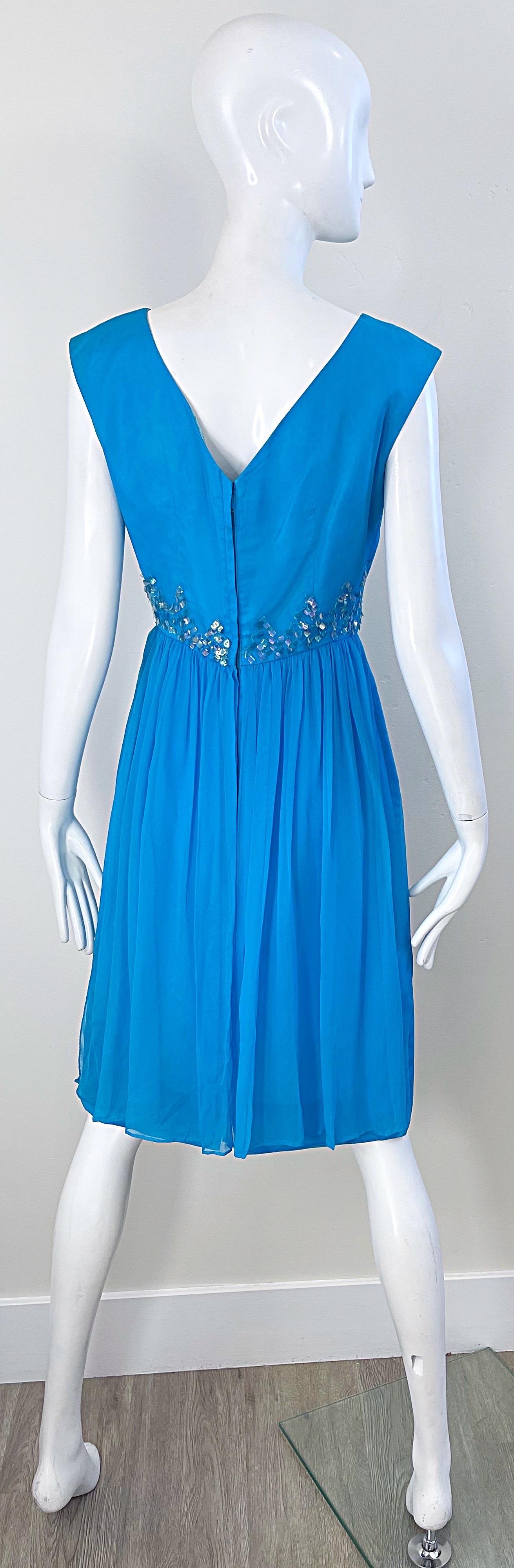 1960s Demi Couture Turquoise Blue Silk Chiffon Paillette Sequin Vintage Dress For Sale 6