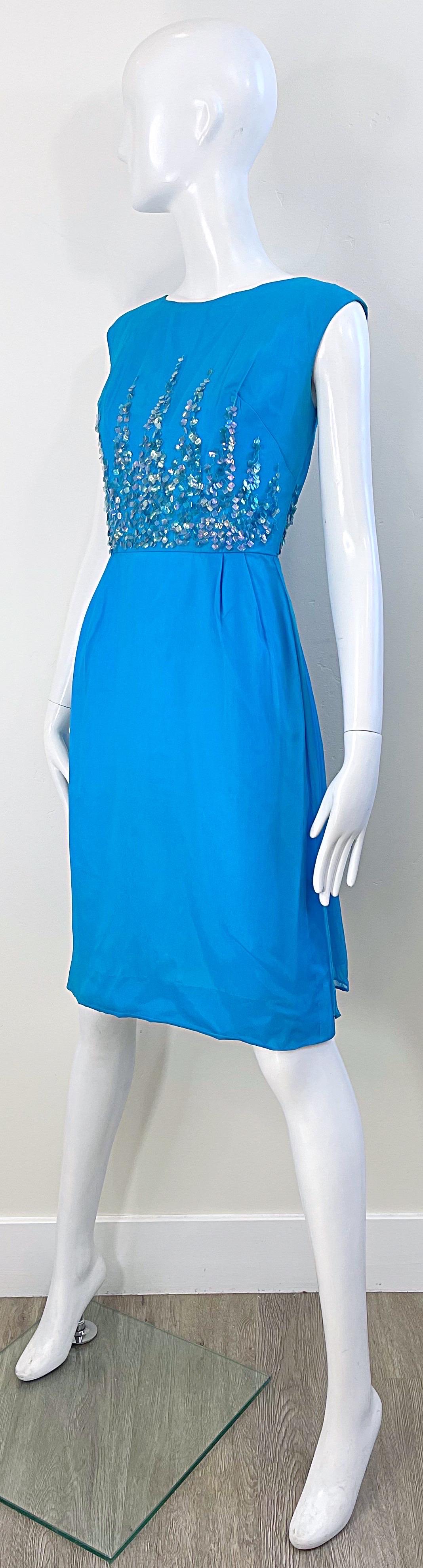 1960s Demi Couture Turquoise Blue Silk Chiffon Paillette Sequin Vintage Dress For Sale 7