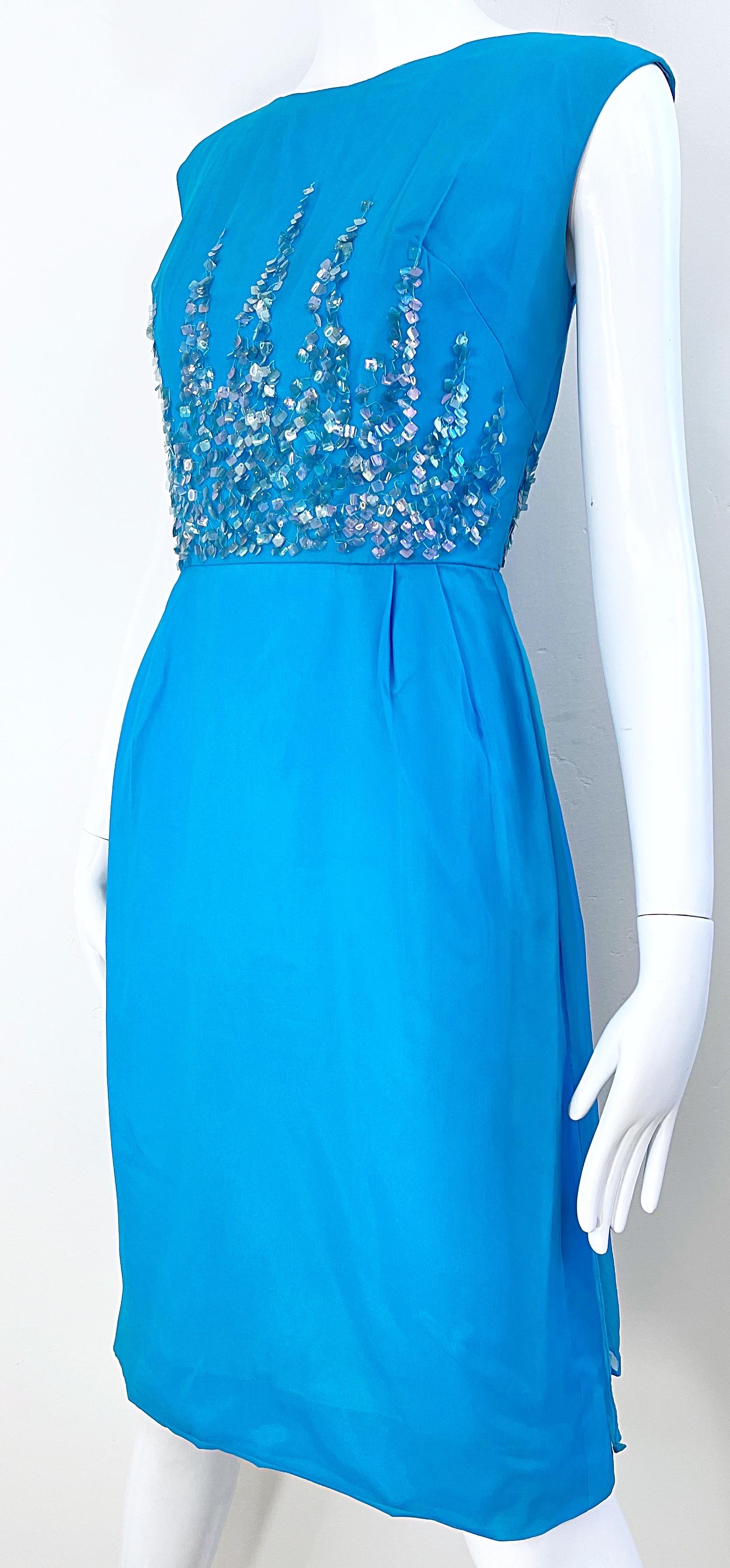 1960s Demi Couture Turquoise Blue Silk Chiffon Paillette Sequin Vintage Dress For Sale 8