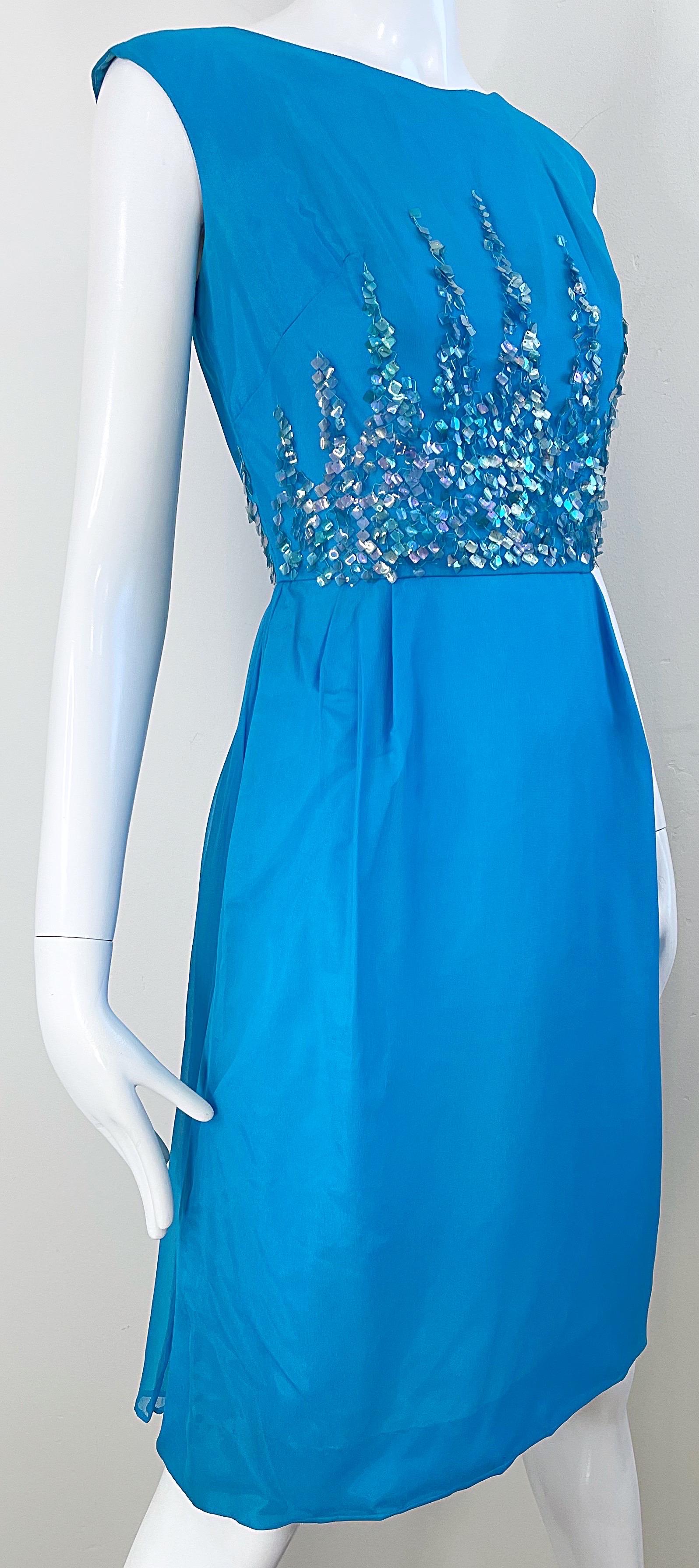 1960s Demi Couture Turquoise Blue Silk Chiffon Paillette Sequin Vintage Dress For Sale 9