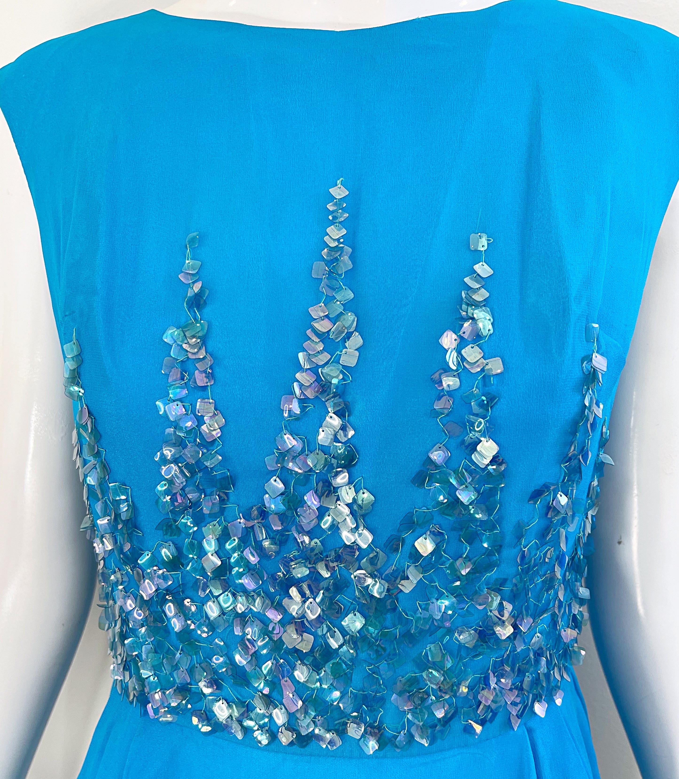 1960s Demi Couture Turquoise Blue Silk Chiffon Paillette Sequin Vintage Dress For Sale 10