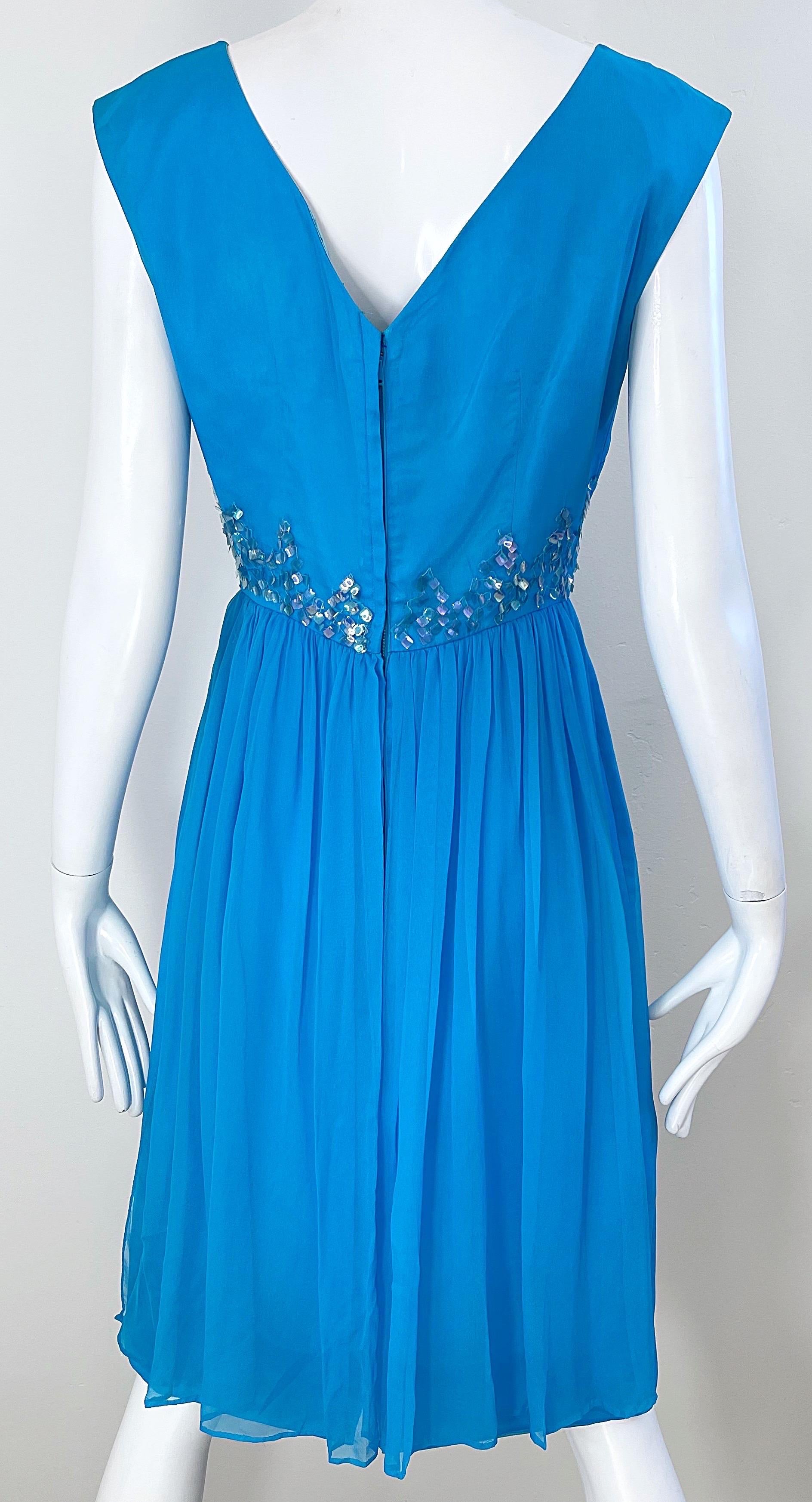1960s Demi Couture Turquoise Blue Silk Chiffon Paillette Sequin Vintage Dress For Sale 11