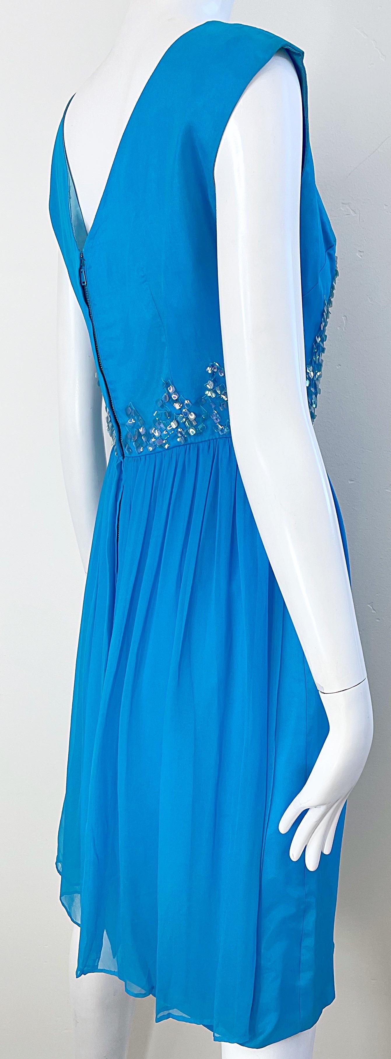 1960s Demi Couture Turquoise Blue Silk Chiffon Paillette Sequin Vintage Dress For Sale 12