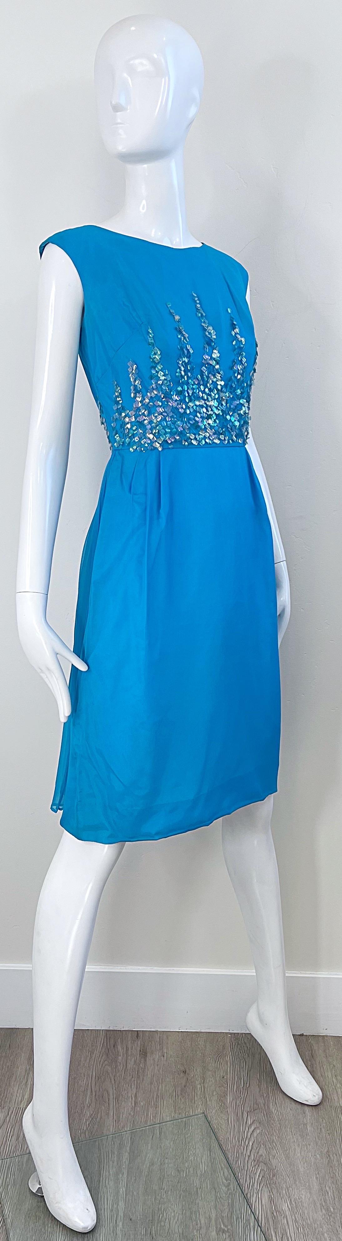 1960s Demi Couture Turquoise Blue Silk Chiffon Paillette Sequin Vintage Dress For Sale 13