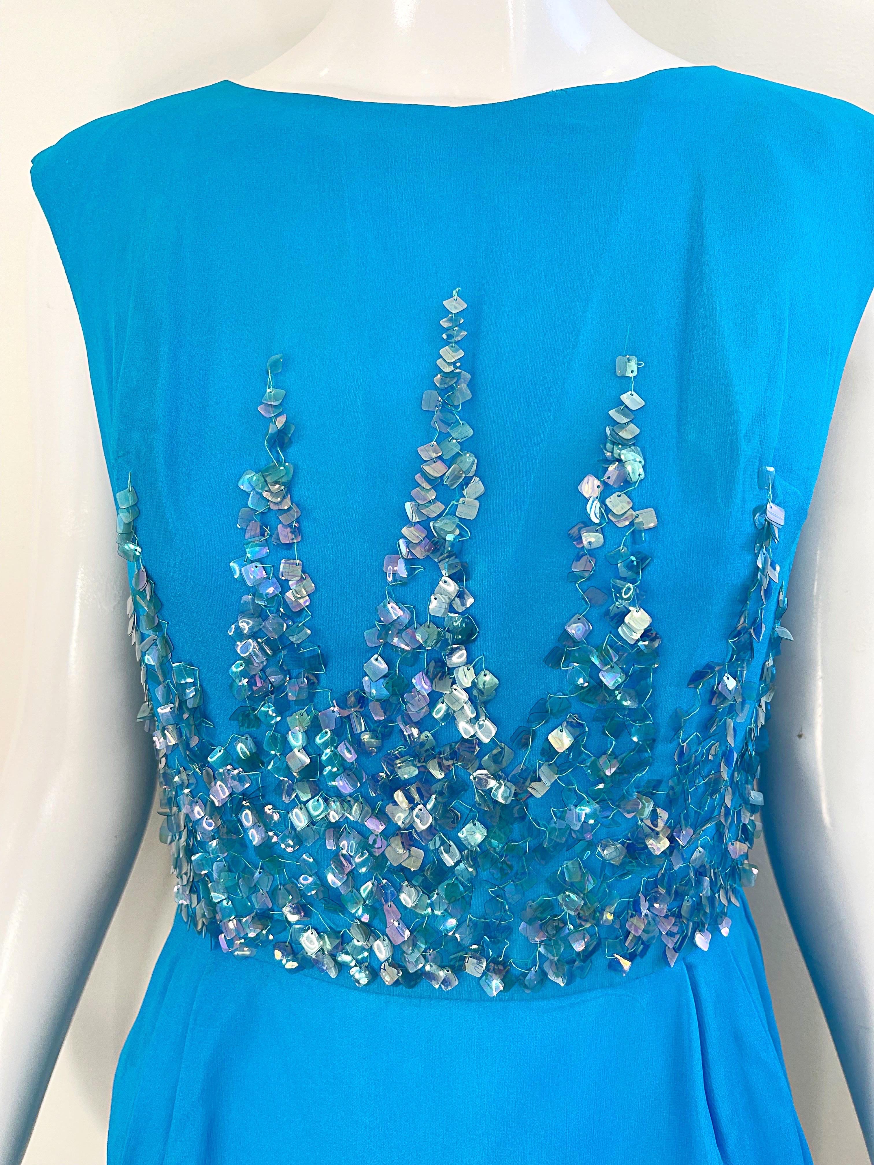 1960s Demi Couture Turquoise Blue Silk Chiffon Paillette Sequin Vintage Dress For Sale 14