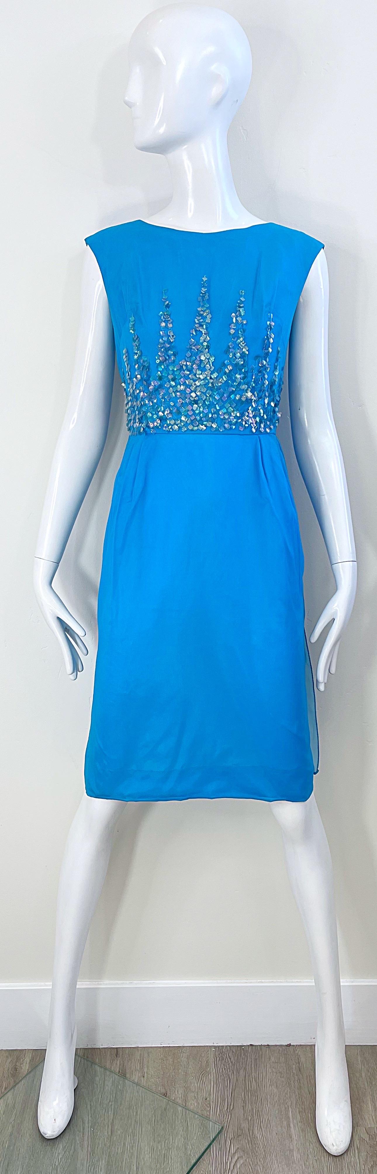 1960s Demi Couture Turquoise Blue Silk Chiffon Paillette Sequin Vintage Dress For Sale 15
