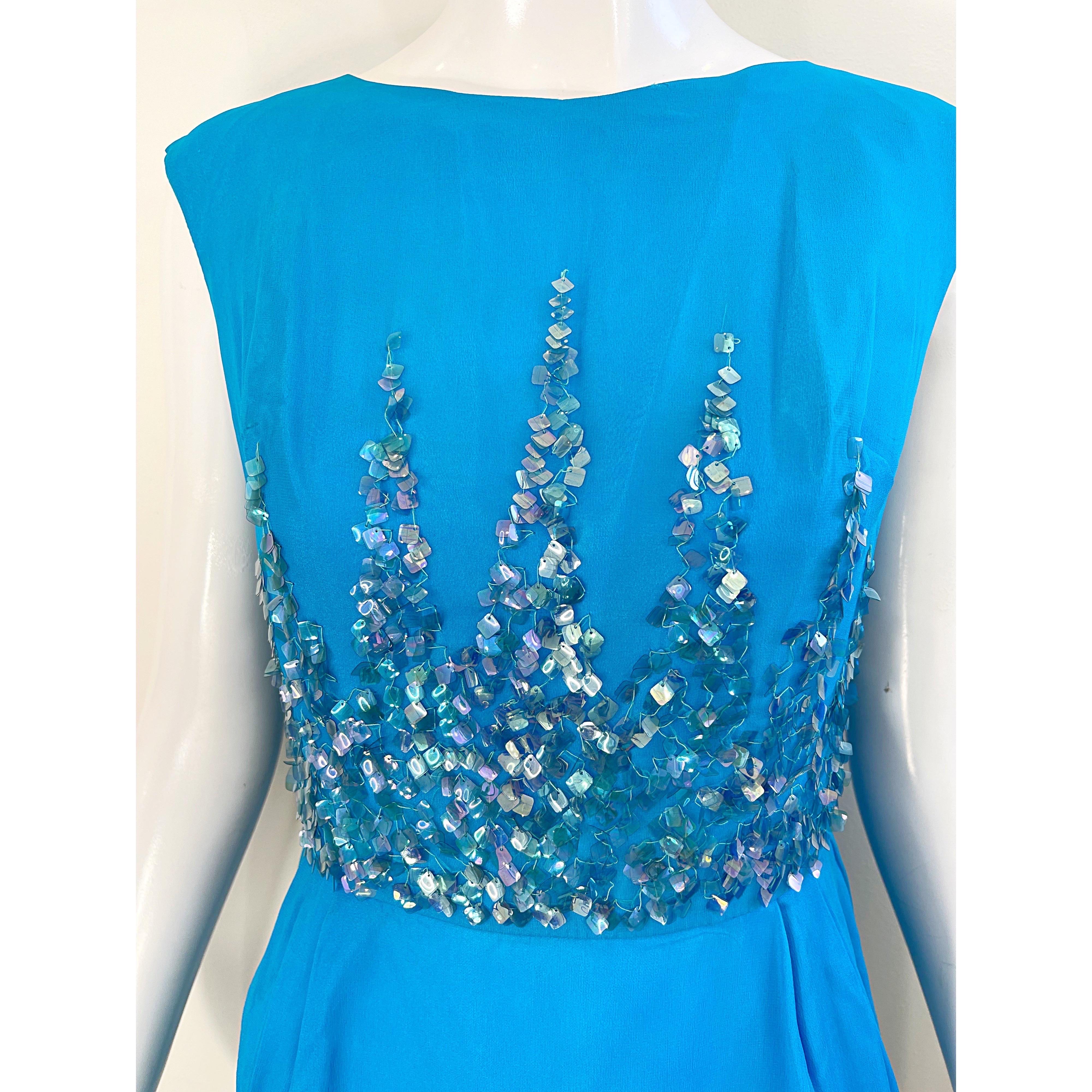 1960s Demi Couture Turquoise Blue Silk Chiffon Paillette Sequin Vintage Dress In Excellent Condition For Sale In San Diego, CA