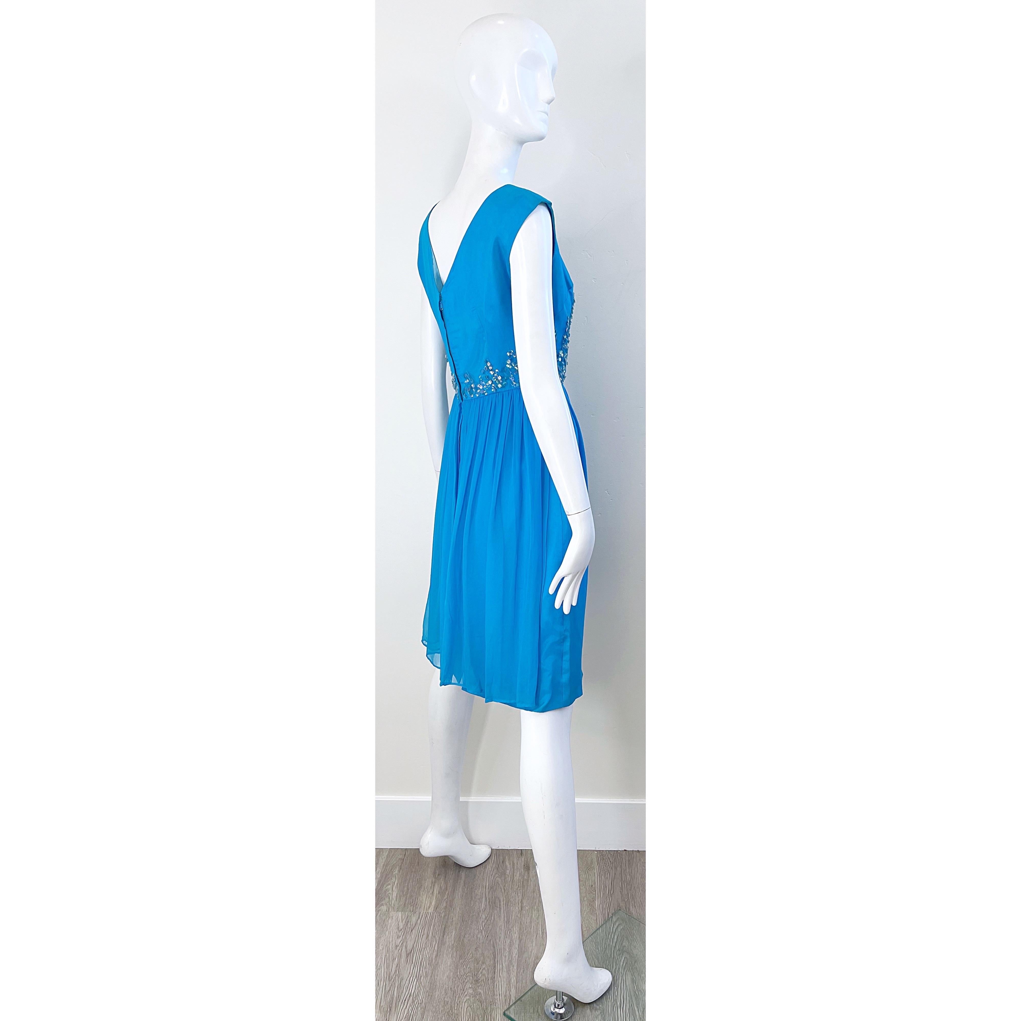 Women's 1960s Demi Couture Turquoise Blue Silk Chiffon Paillette Sequin Vintage Dress For Sale