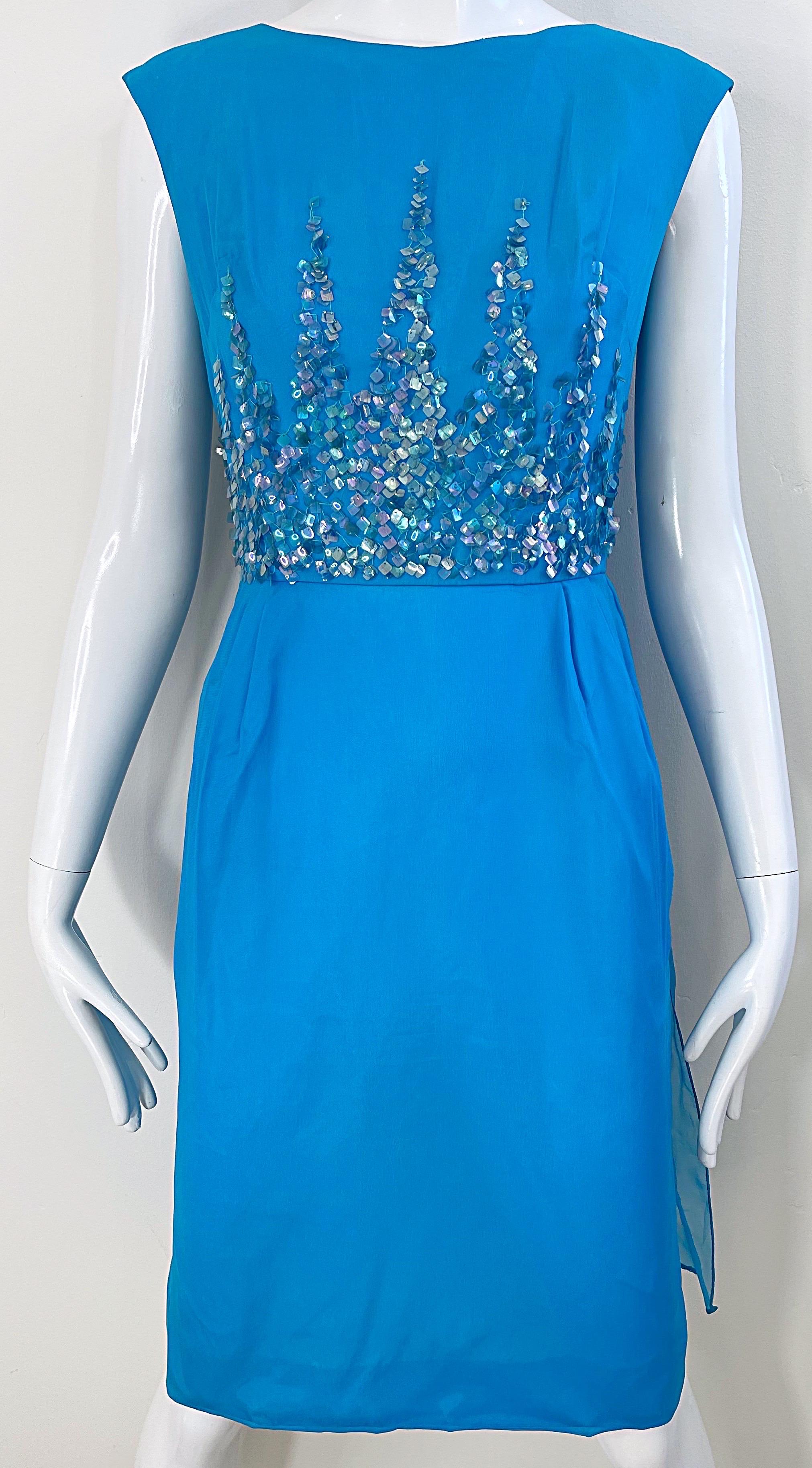 1960s Demi Couture Turquoise Blue Silk Chiffon Paillette Sequin Vintage Dress For Sale 1