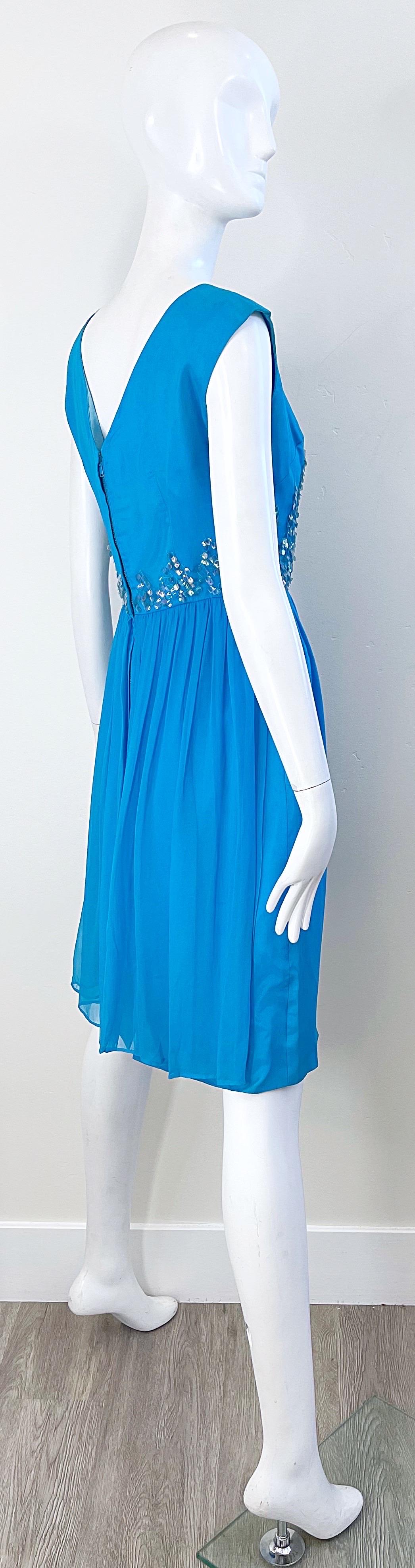 1960s Demi Couture Turquoise Blue Silk Chiffon Paillette Sequin Vintage Dress For Sale 2