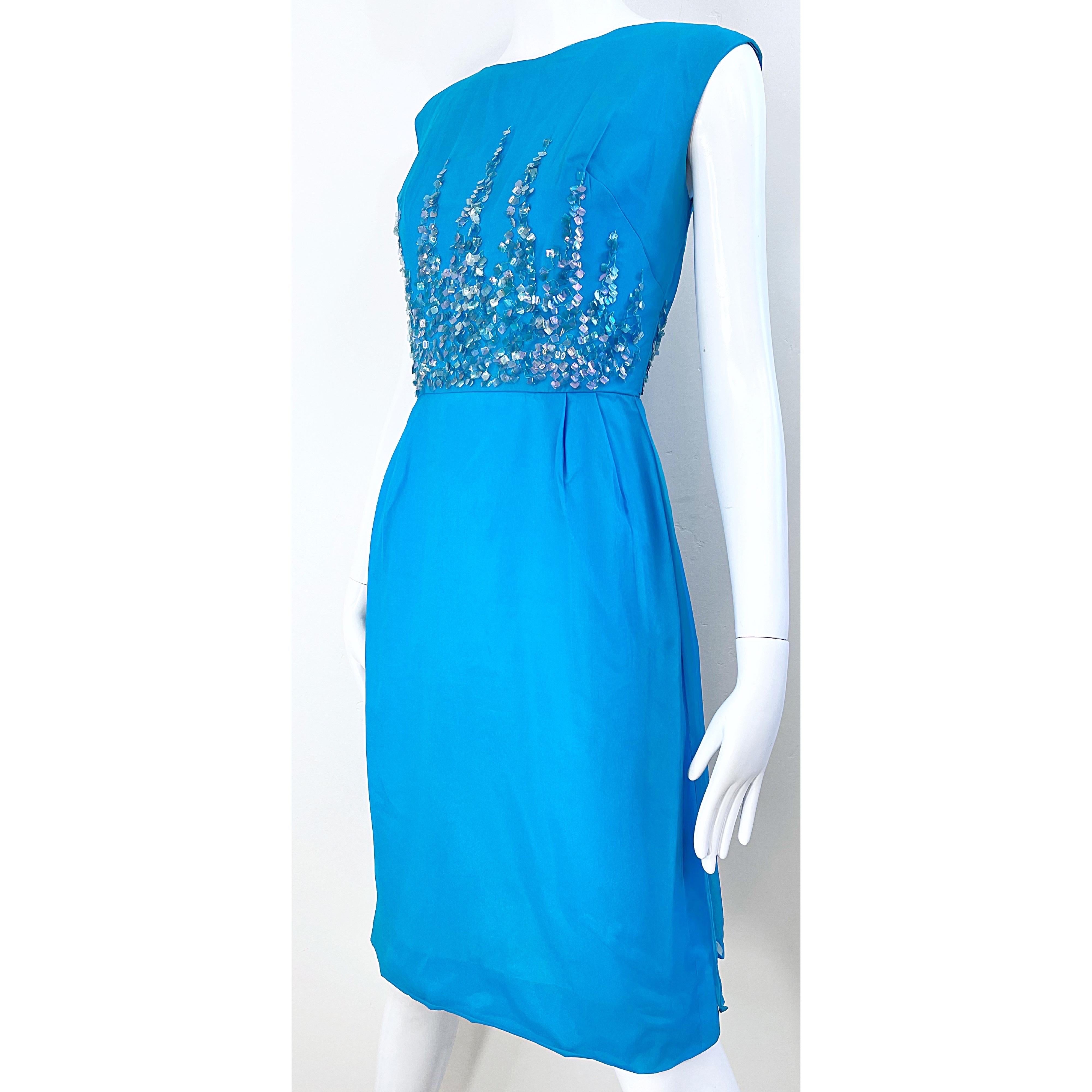 1960s Demi Couture Turquoise Blue Silk Chiffon Paillette Sequin Vintage Dress For Sale 3