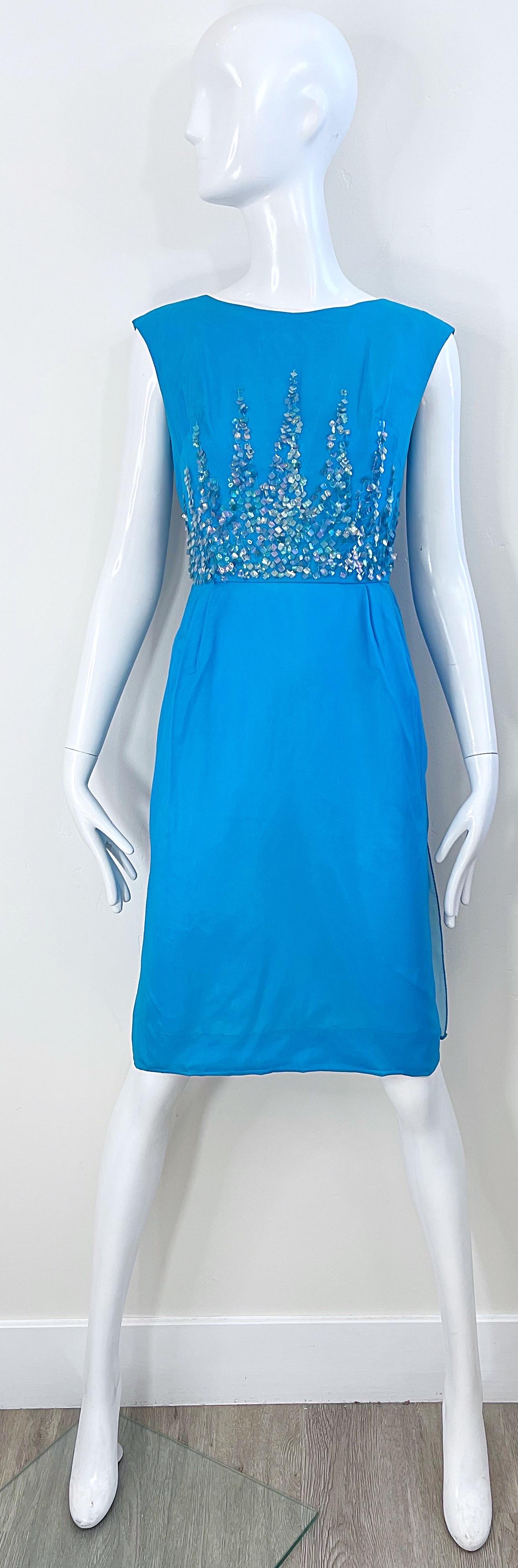 1960s Demi Couture Turquoise Blue Silk Chiffon Paillette Sequin Vintage Dress For Sale 4