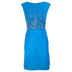 Robe vintage en mousseline de soie bleu turquoise à paillettes Demi Couture des années 1960