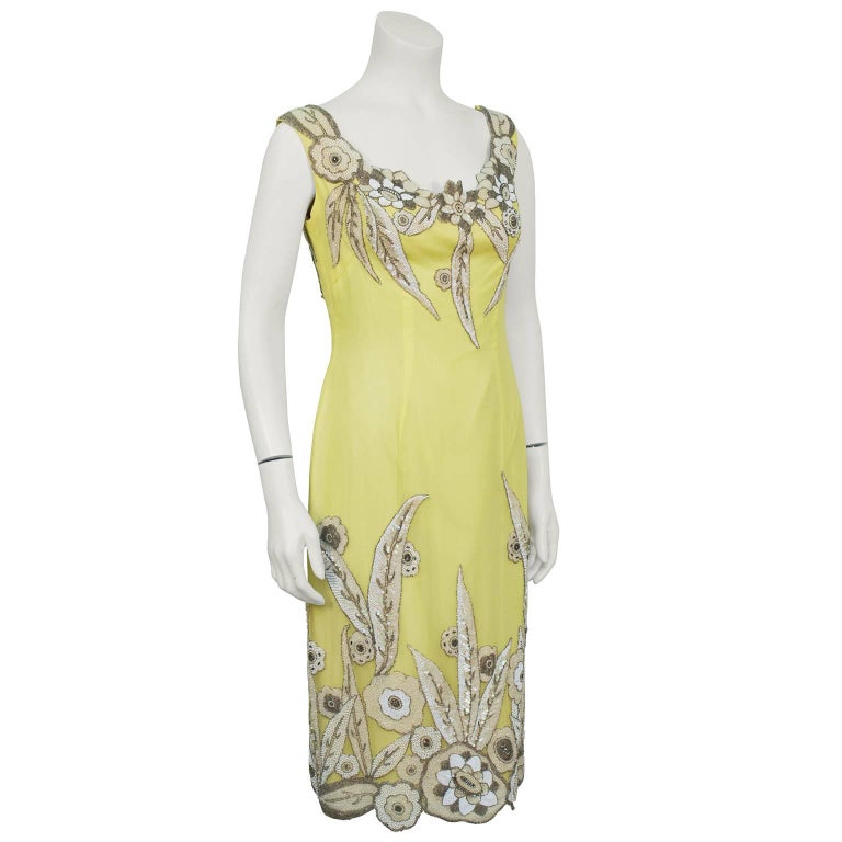 Created by custom couturier Rodolphe in Toronto circa 1960. A combination of 1920's bead work removed from a European heirloom flapper dress and yellow silk refashioned for a curvy client with Ava Gardner looks. Sexy, finely crafted and uniquely
