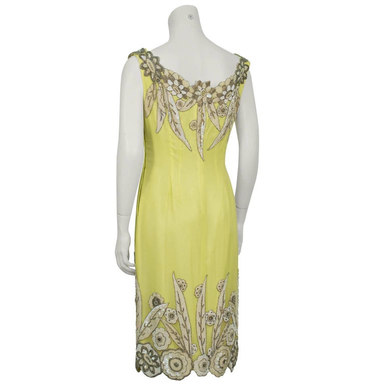 Beige 1960's Demi Couture Yellow Silk Dress With 1920's Beading For Sale
