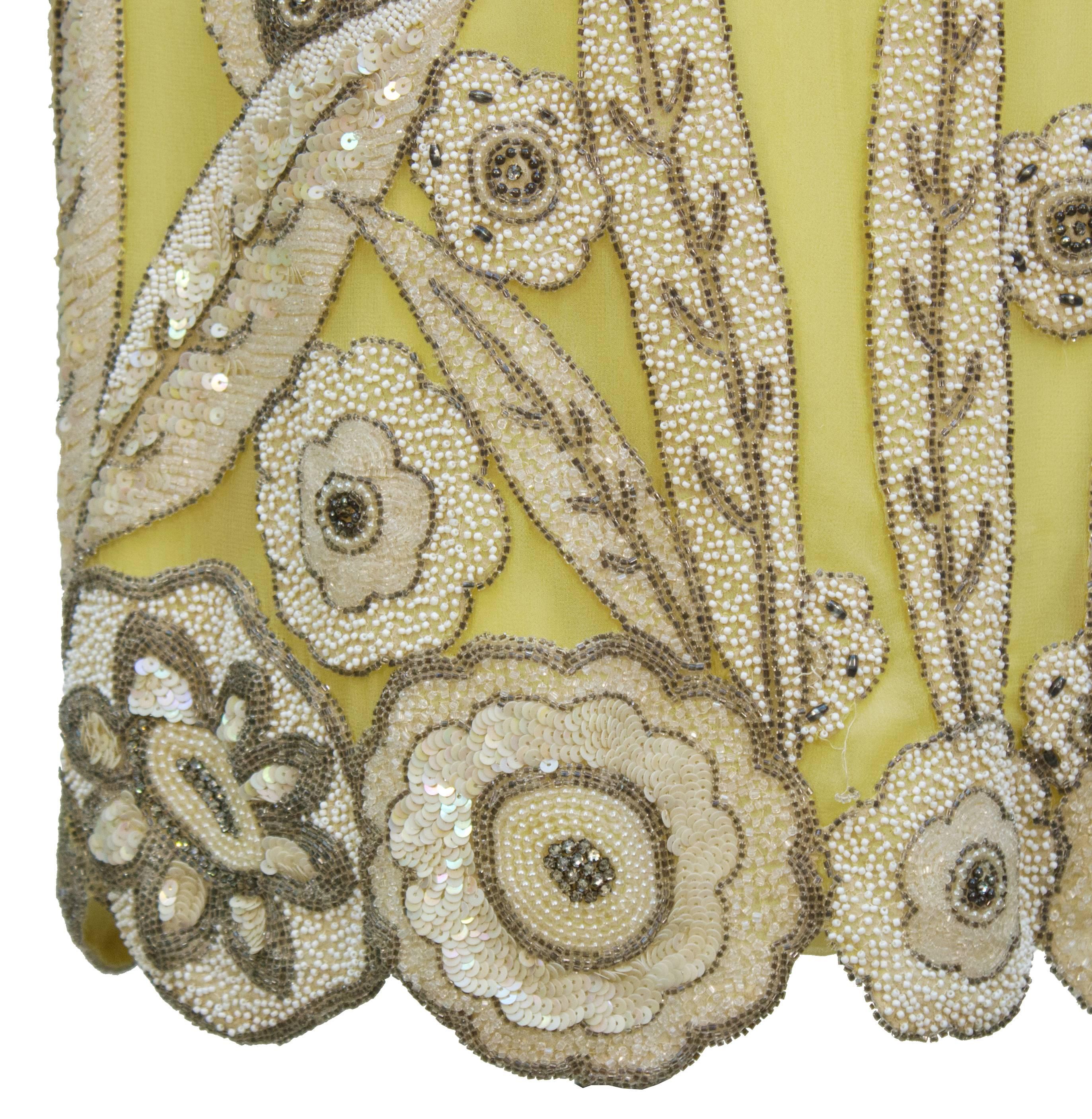 Beige 1960's Demi Couture Yellow Silk Dress With 1920's Beading