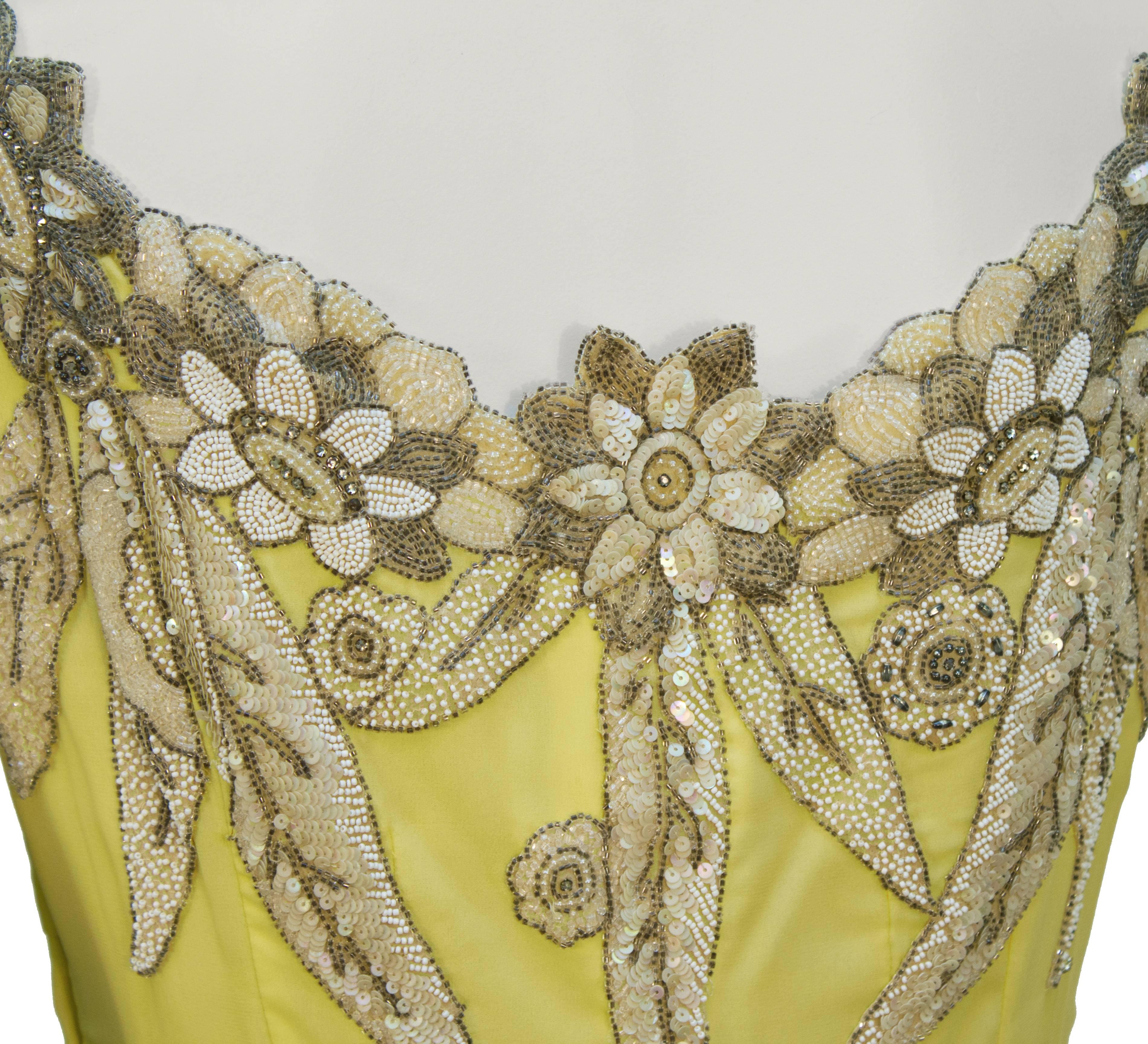 1960's Demi Couture Yellow Silk Dress With 1920's Beading In Excellent Condition In Toronto, Ontario