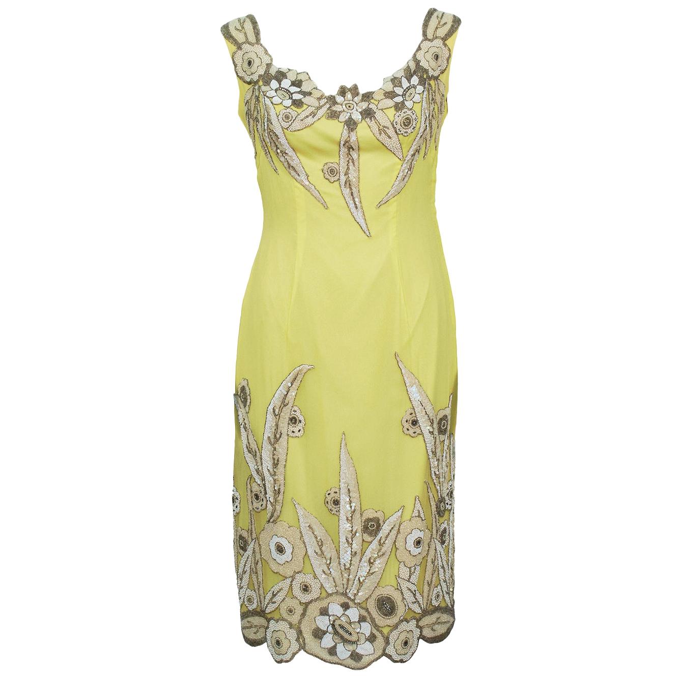 1960's Demi Couture Yellow Silk Dress With 1920's Beading