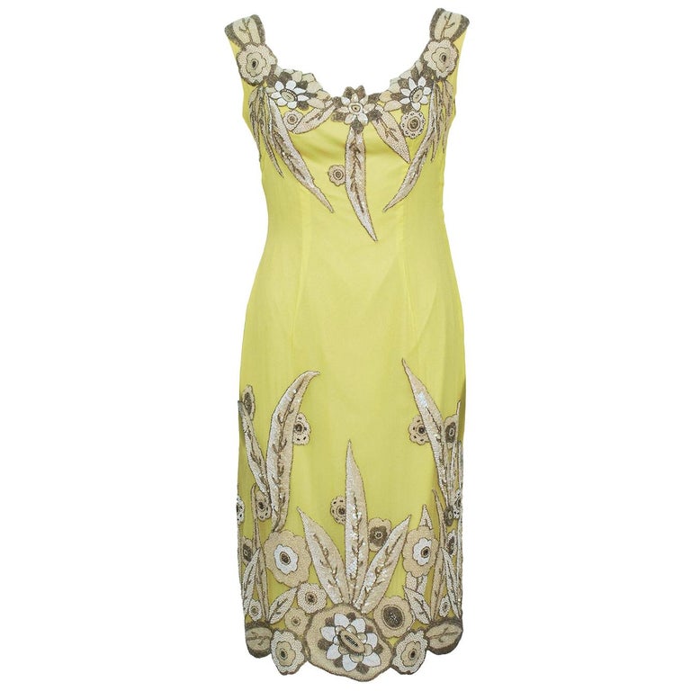 1960's Demi Couture Yellow Silk Dress With 1920's Beading For Sale