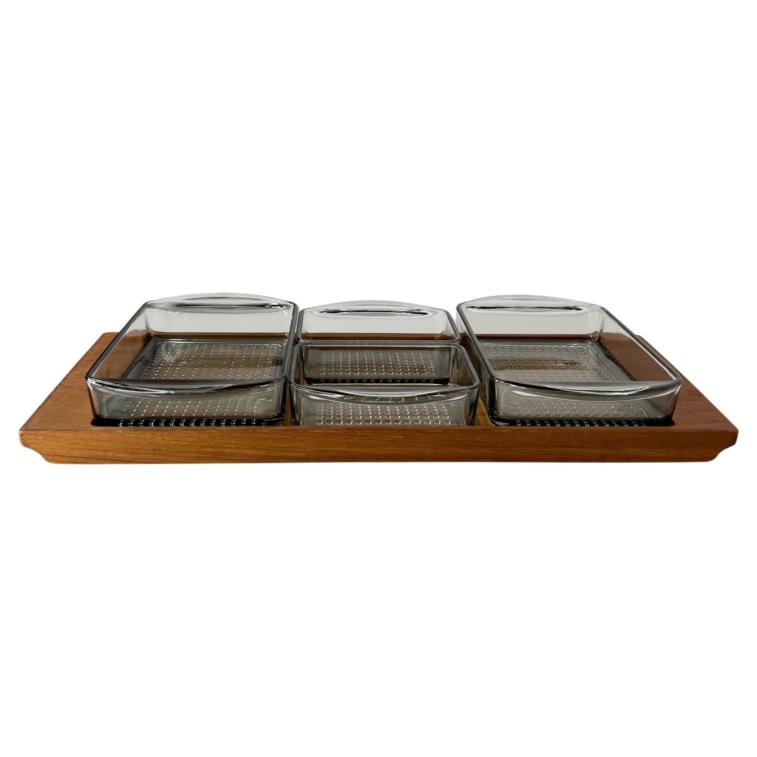 1960s Denmark Serving Snack Tray Set Teak & Glass Lüthje Wood Denmark 1