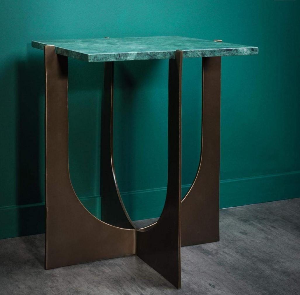 Mid-Century Modern 1960s Design and Space Age Style Green Marble Top and Patina Brass Side Table For Sale