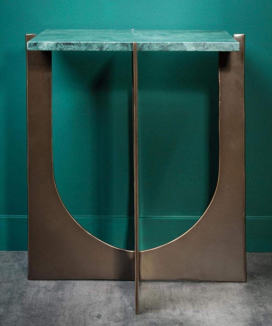 European 1960s Design and Space Age Style Green Marble Top and Patina Brass Side Table For Sale