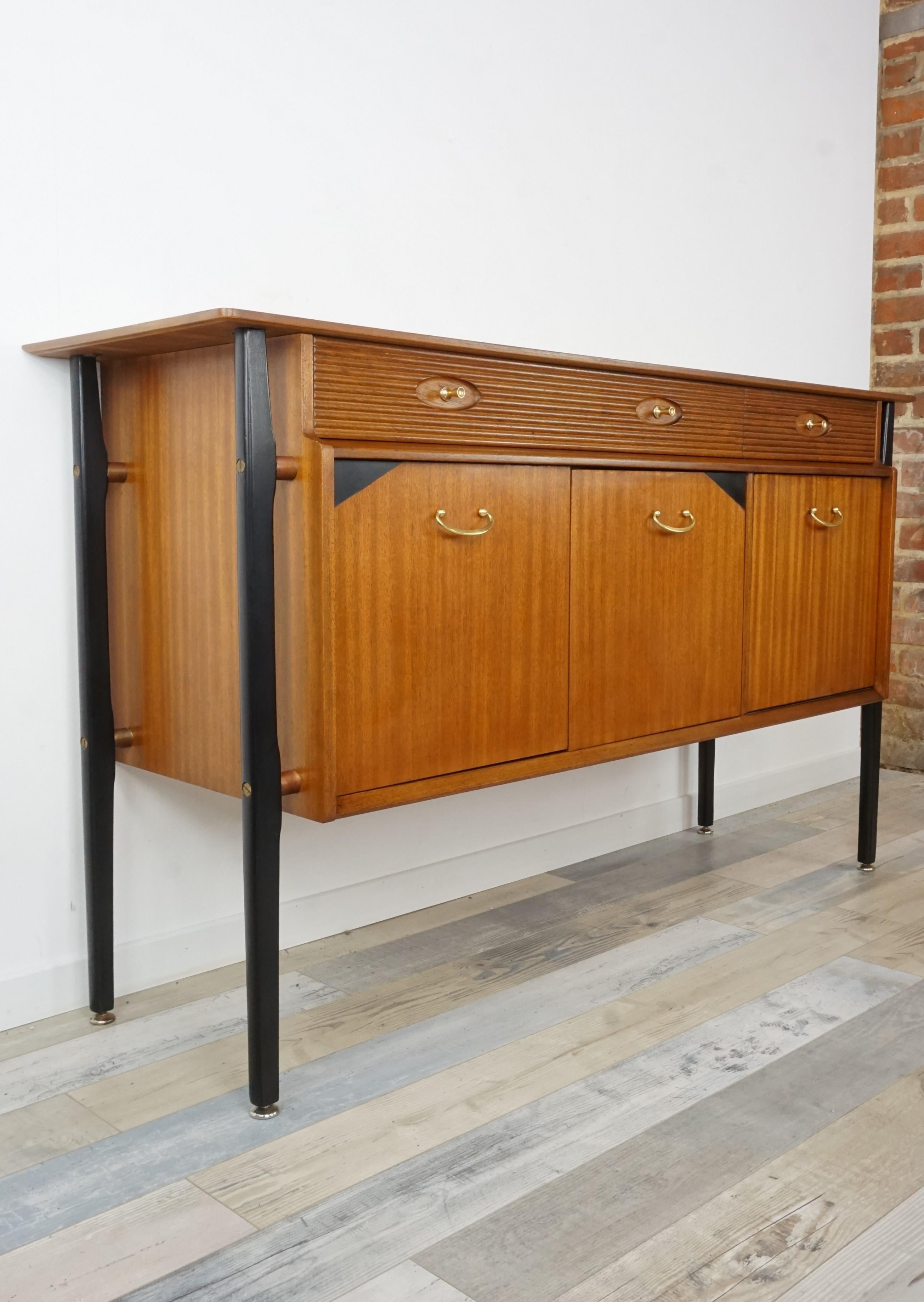 European 1960s Design Black Lacquered and Teak Wooden Sideboard